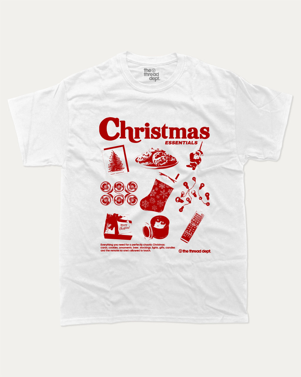 Christmas Essentials graphic tee with bold and humorous print, funny and trendy graphic. Perfect Gift for Christmas, X-mas Gift, X-mas T shirt, Perfect for adults and gift-giving. White shirt.