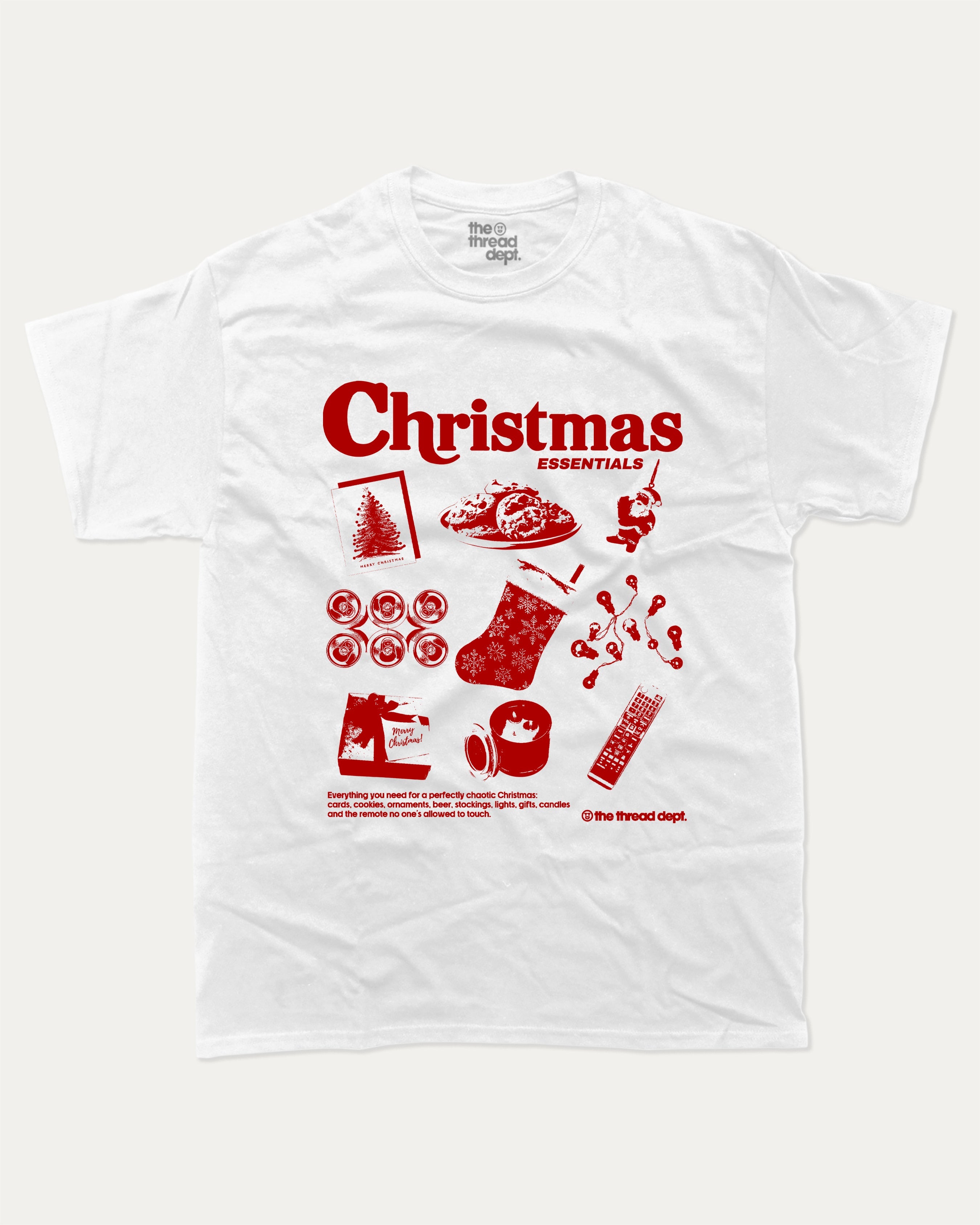 Christmas Essentials graphic tee with bold and humorous print, funny and trendy graphic. Perfect Gift for Christmas, X-mas Gift, X-mas T shirt, Perfect for adults and gift-giving. White shirt.