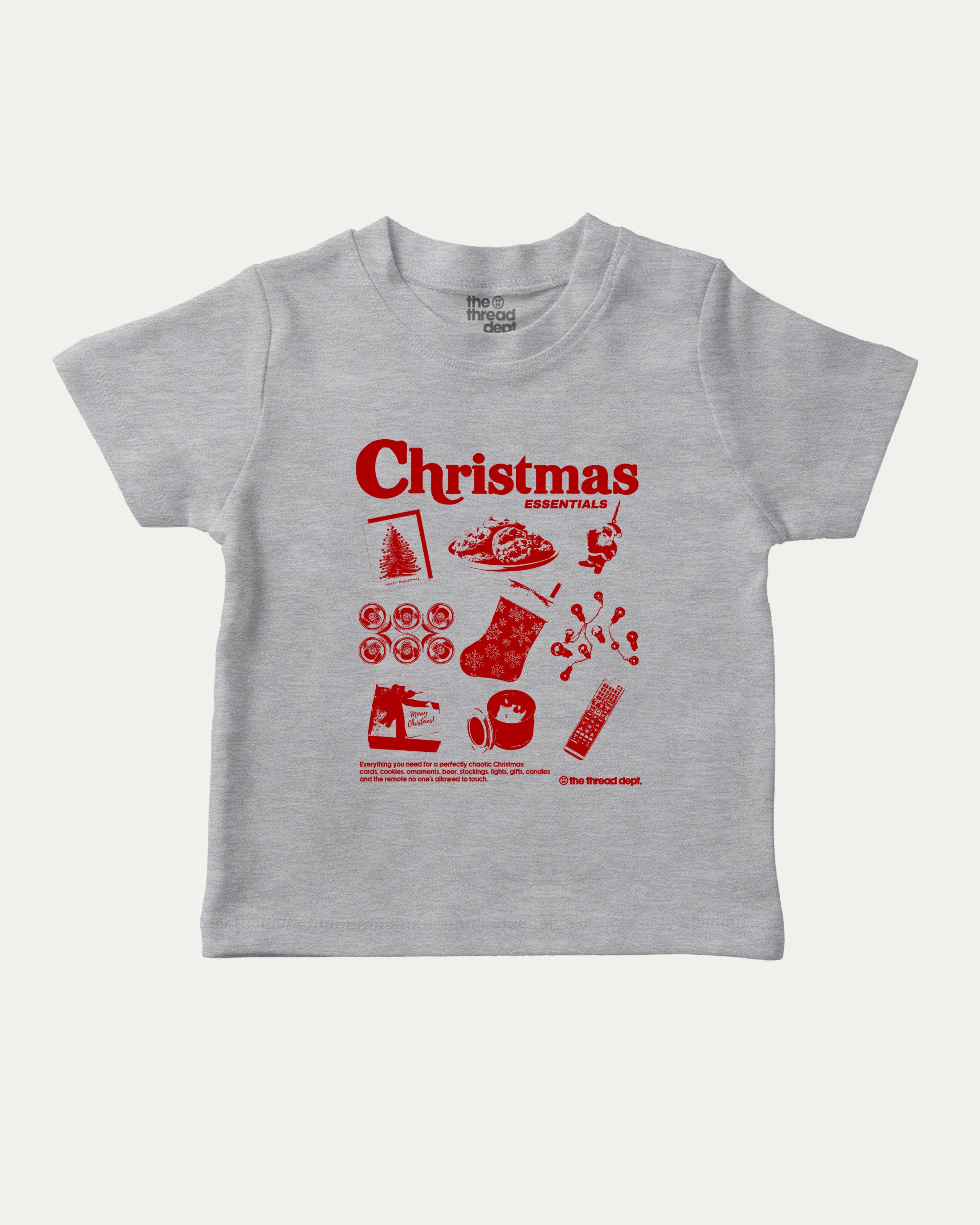 Christmas Essentials graphic tee with bold and humorous print, Perfect Gift for Christmas, X-mas Gift, X-mas T shirt,  funny and trendy graphic. Perfect for adults and gift-giving. Heather Grey shirt.