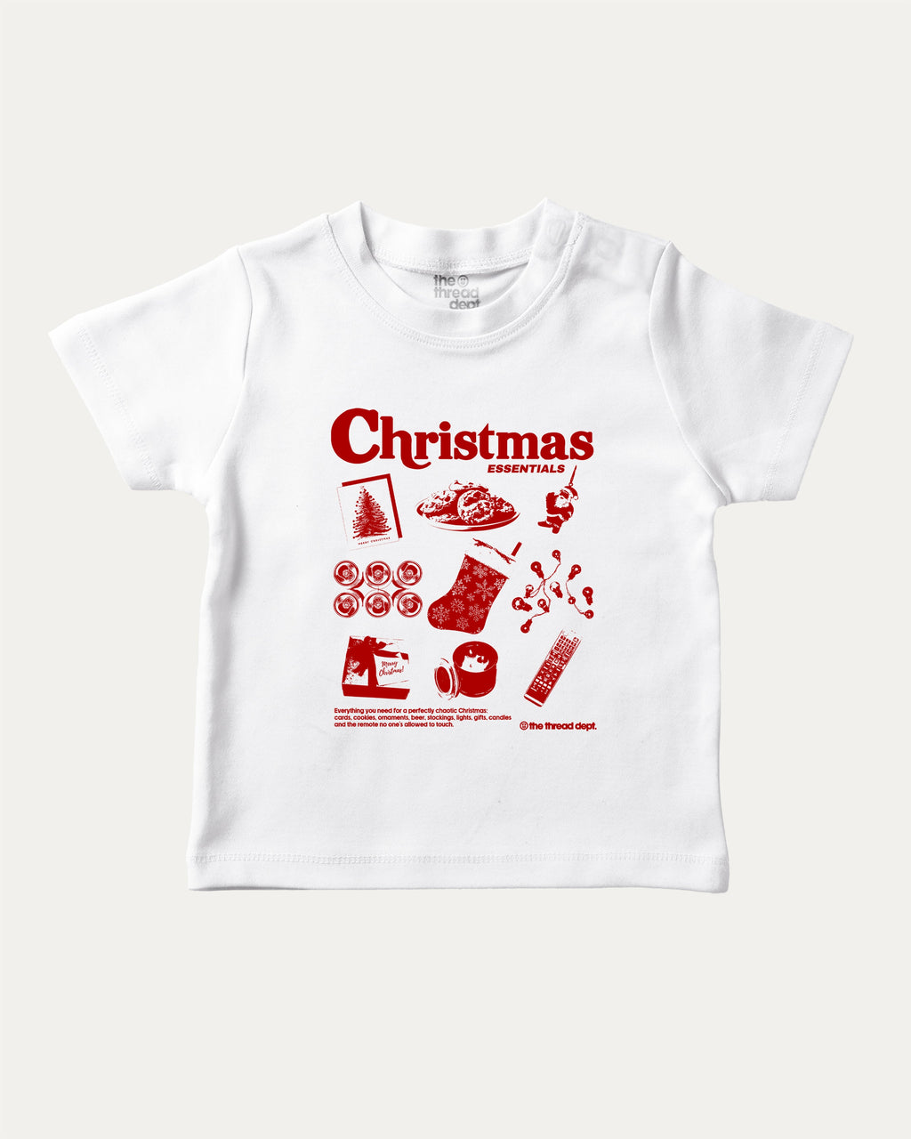 Christmas Essentials graphic tee with bold and humorous print, Perfect Gift for Christmas, X-mas Gift, X-mas T shirt,  funny and trendy graphic. Perfect for adults and gift-giving. White shirt.
