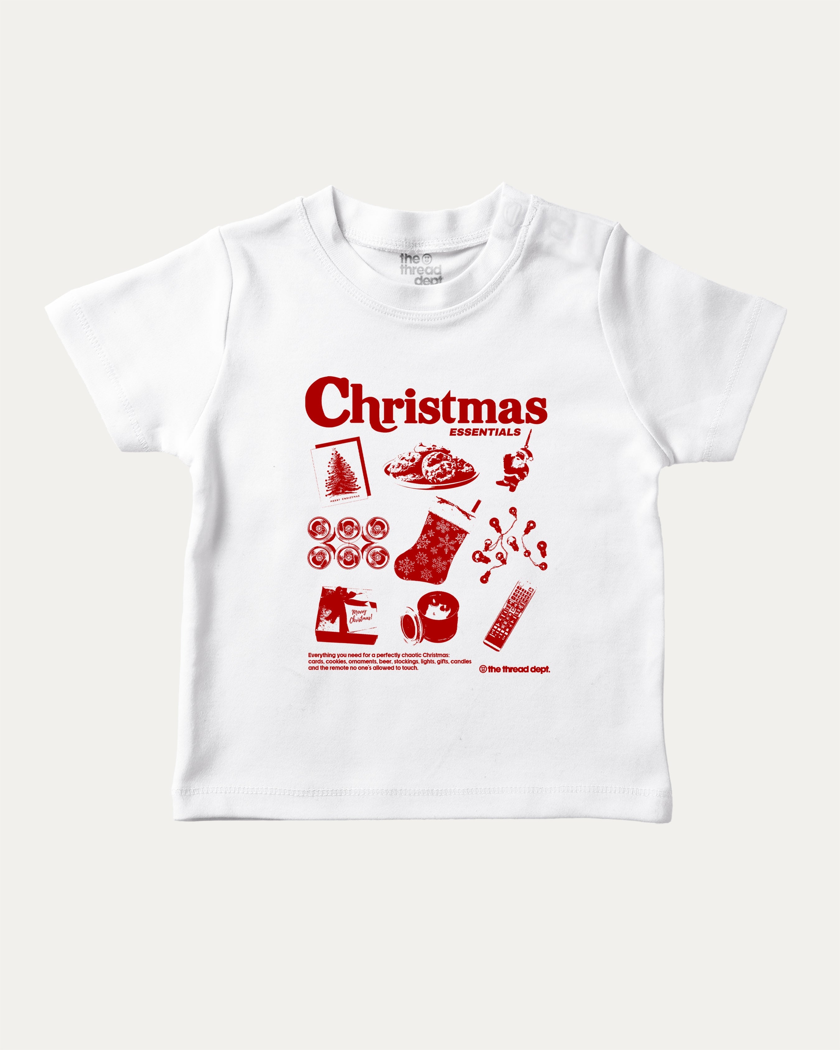 Christmas Essentials graphic tee with bold and humorous print, Perfect Gift for Christmas, X-mas Gift, X-mas T shirt,  funny and trendy graphic. Perfect for adults and gift-giving. White shirt.