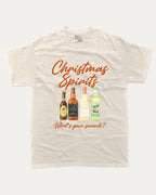 Christmas Spirits graphic tee with bold and humorous print, funny and trendy graphic. Christmas Holiday Graphic Tee, Drinks Lover Graphic T shirt,  Perfect for adults and gift-giving. Cream shirt.