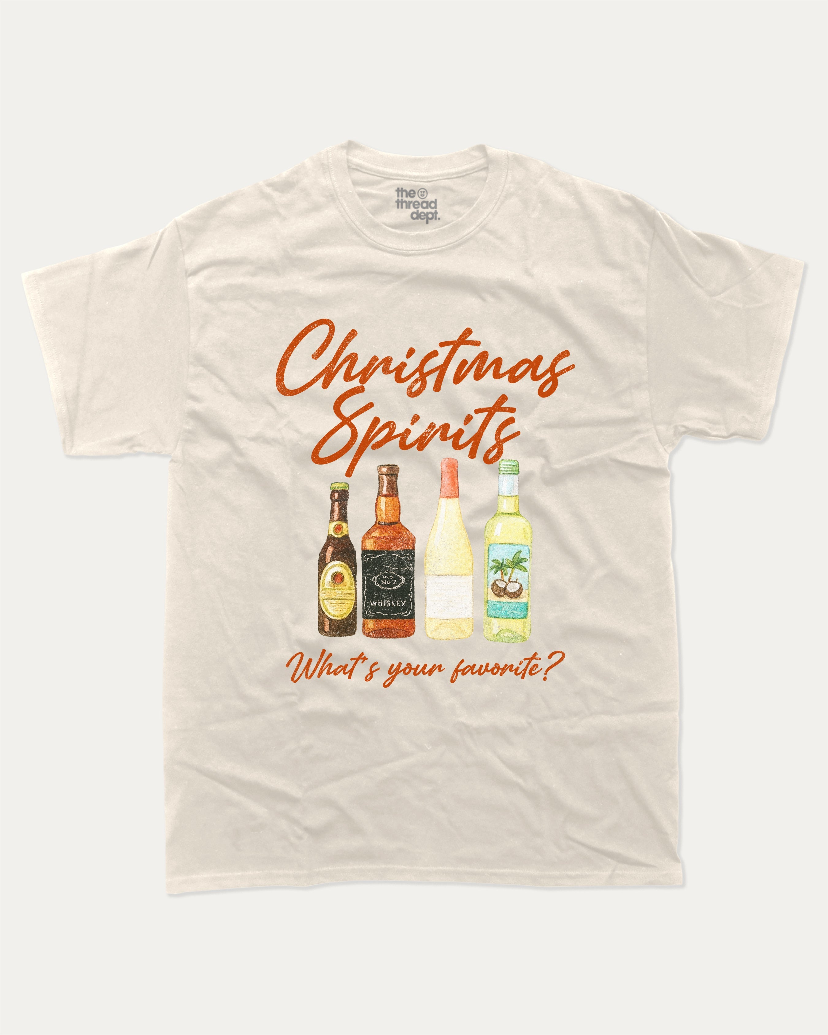 Christmas Spirits graphic tee with bold and humorous print, funny and trendy graphic. Christmas Holiday Graphic Tee, Drinks Lover Graphic T shirt,  Perfect for adults and gift-giving. Cream shirt.