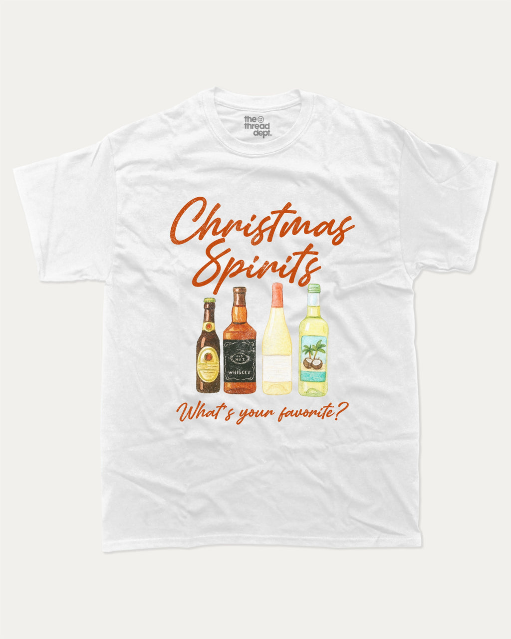 Christmas Spirits graphic tee with bold and humorous print, funny and trendy graphic. Christmas Holiday Graphic Tee, Drinks Lover Graphic T shirt,  Perfect for adults and gift-giving. White shirt.