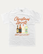 Christmas Spirits graphic tee with bold and humorous print, funny and trendy graphic. Christmas Holiday Graphic Tee, Drinks Lover Graphic T shirt,  Perfect for adults and gift-giving. White shirt.
