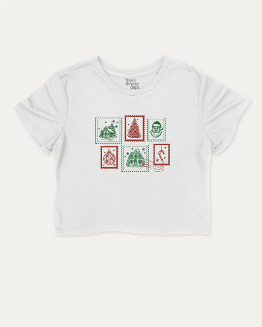 Christmas Stamp graphic crop tee with funny and trendy slogan print, Perfect Gift for Christmas, Christmas Gift, X-mas Gift for friends, perfect for women’s casual looks or layering. White crop t-shirt.