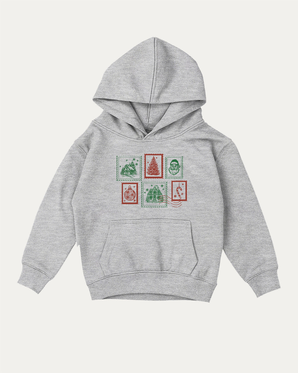 Christmas Stamp kids graphic hoodie with cozy fit and fun design, perfect for school, play, and gifting. Heather Grey kids sweater.