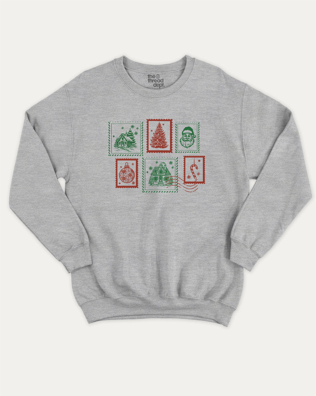 Christmas Stamp graphic sweatshirt with bold and humorous print, Perfect Gift for Christmas, Christmas Gift, X-mas Gift for friends, warm and cozy graphic for everyday wear. Perfect for adults and gift-giving. Heather Grey pullover.