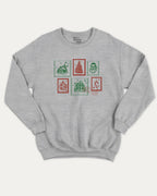 Christmas Stamp graphic sweatshirt with bold and humorous print, Perfect Gift for Christmas, Christmas Gift, X-mas Gift for friends, warm and cozy graphic for everyday wear. Perfect for adults and gift-giving. Heather Grey pullover.
