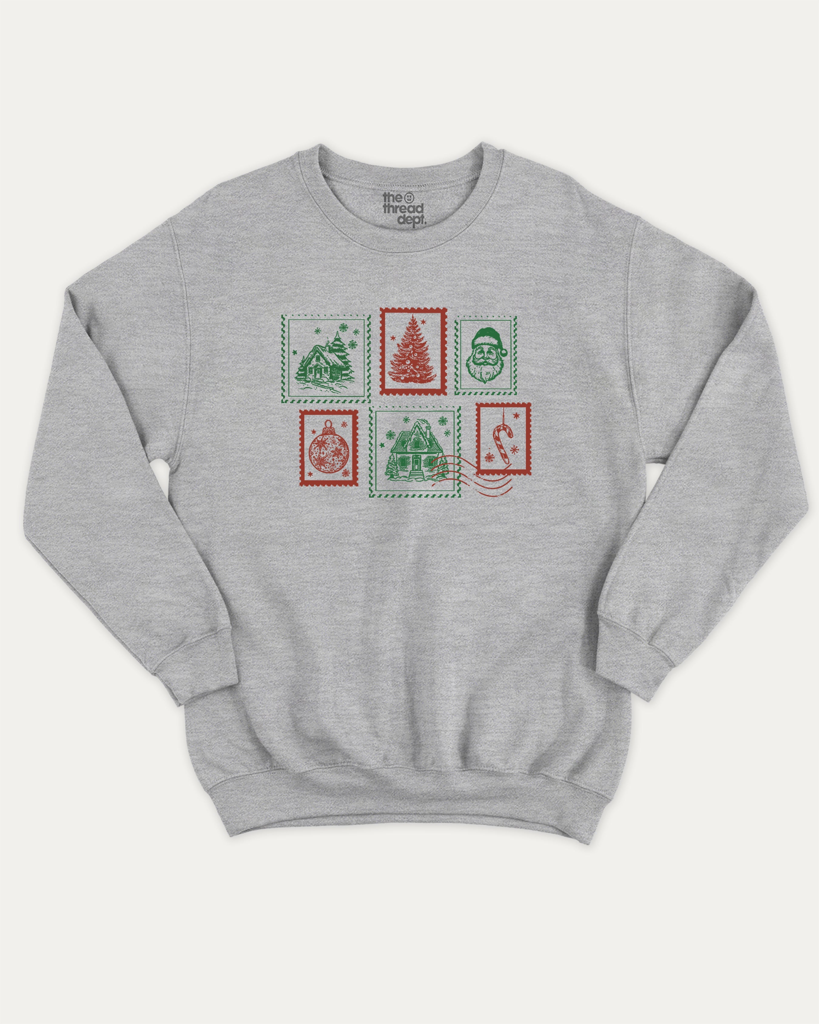 Christmas Stamp graphic sweatshirt with bold and humorous print, Perfect Gift for Christmas, Christmas Gift, X-mas Gift for friends, warm and cozy graphic for everyday wear. Perfect for adults and gift-giving. Heather Grey pullover.