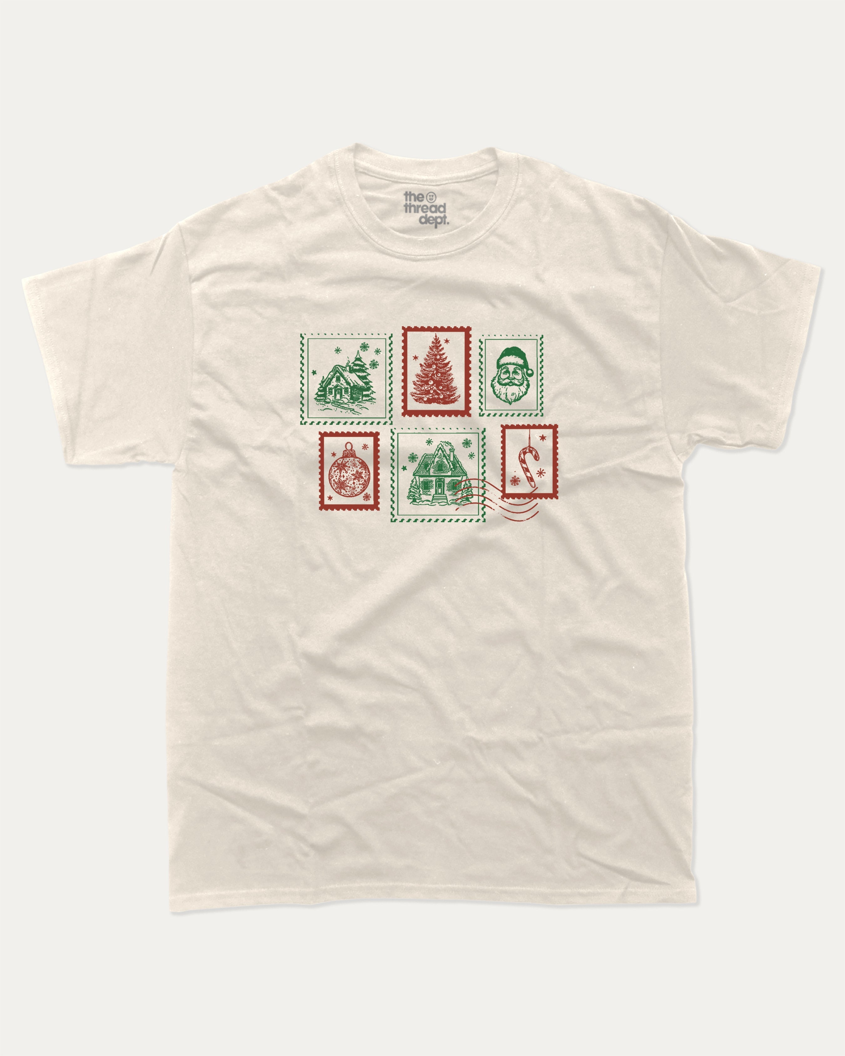 Christmas Stamp graphic tee with bold and humorous print, Perfect Gift for Christmas, Christmas Gift, X-mas Gift for friends, funny and trendy graphic. Perfect for adults and gift-giving. Cream shirt.