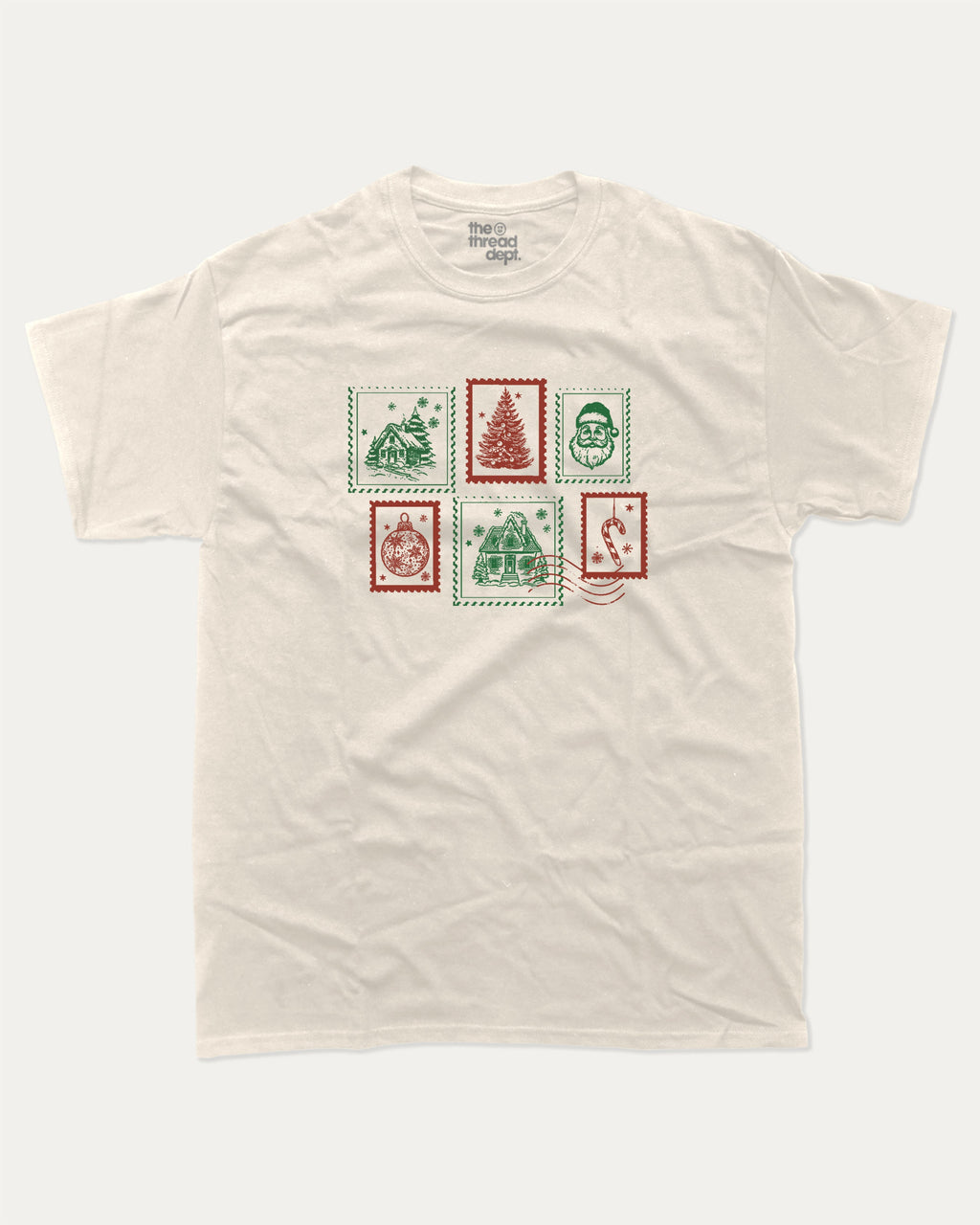 Christmas Stamp graphic tee with bold and humorous print, Perfect Gift for Christmas, Christmas Gift, X-mas Gift for friends, funny and trendy graphic. Perfect for adults and gift-giving. Cream shirt.