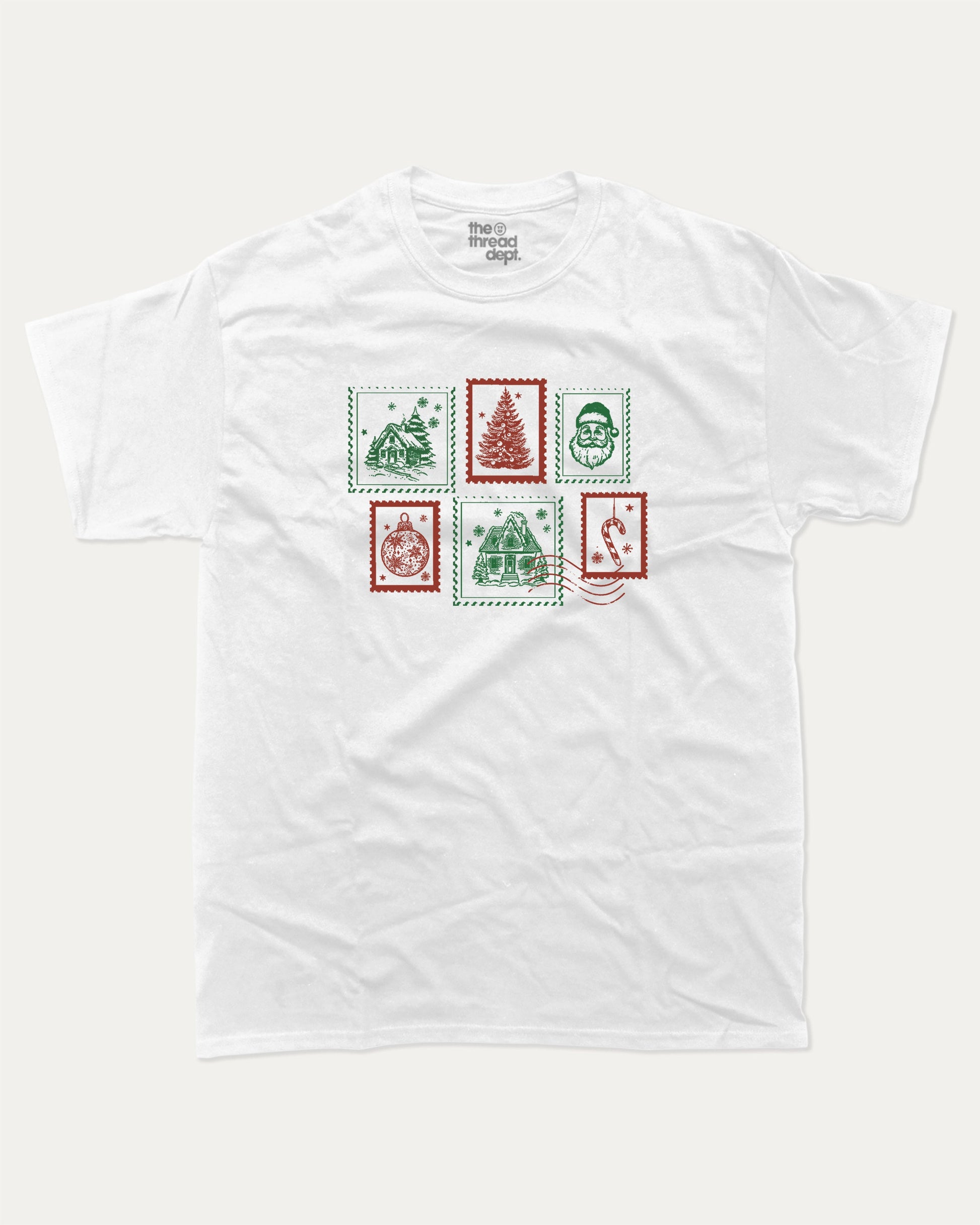 Christmas Stamp graphic tee with bold and humorous print, Perfect Gift for Christmas, Christmas Gift, X-mas Gift for friends, funny and trendy graphic. Perfect for adults and gift-giving. White shirt.
