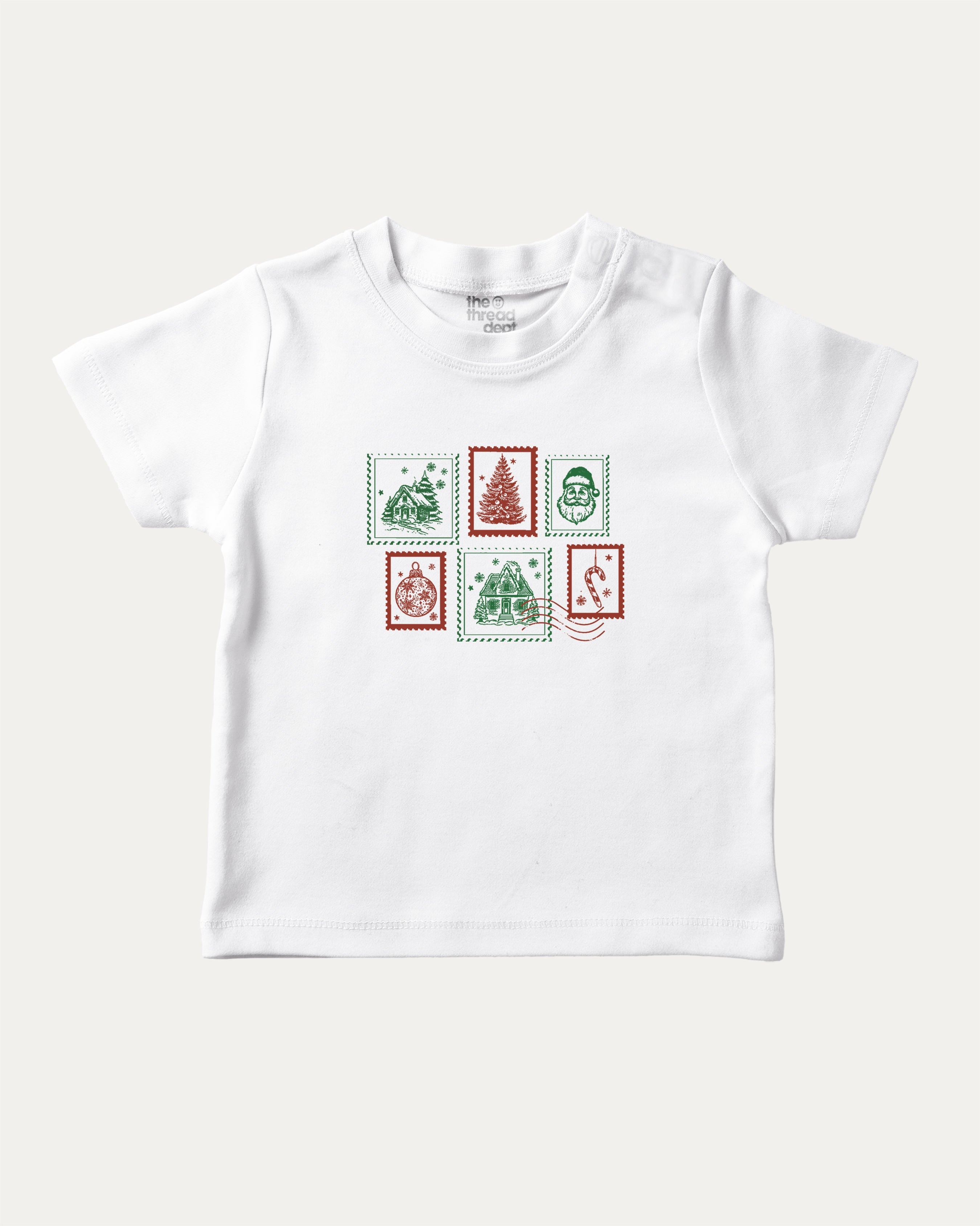 Christmas Stamp graphic tee with bold and humorous print, Perfect Gift for Christmas, Christmas Gift, X-mas Gift for friends, funny and trendy graphic. Perfect for adults and gift-giving. White shirt.