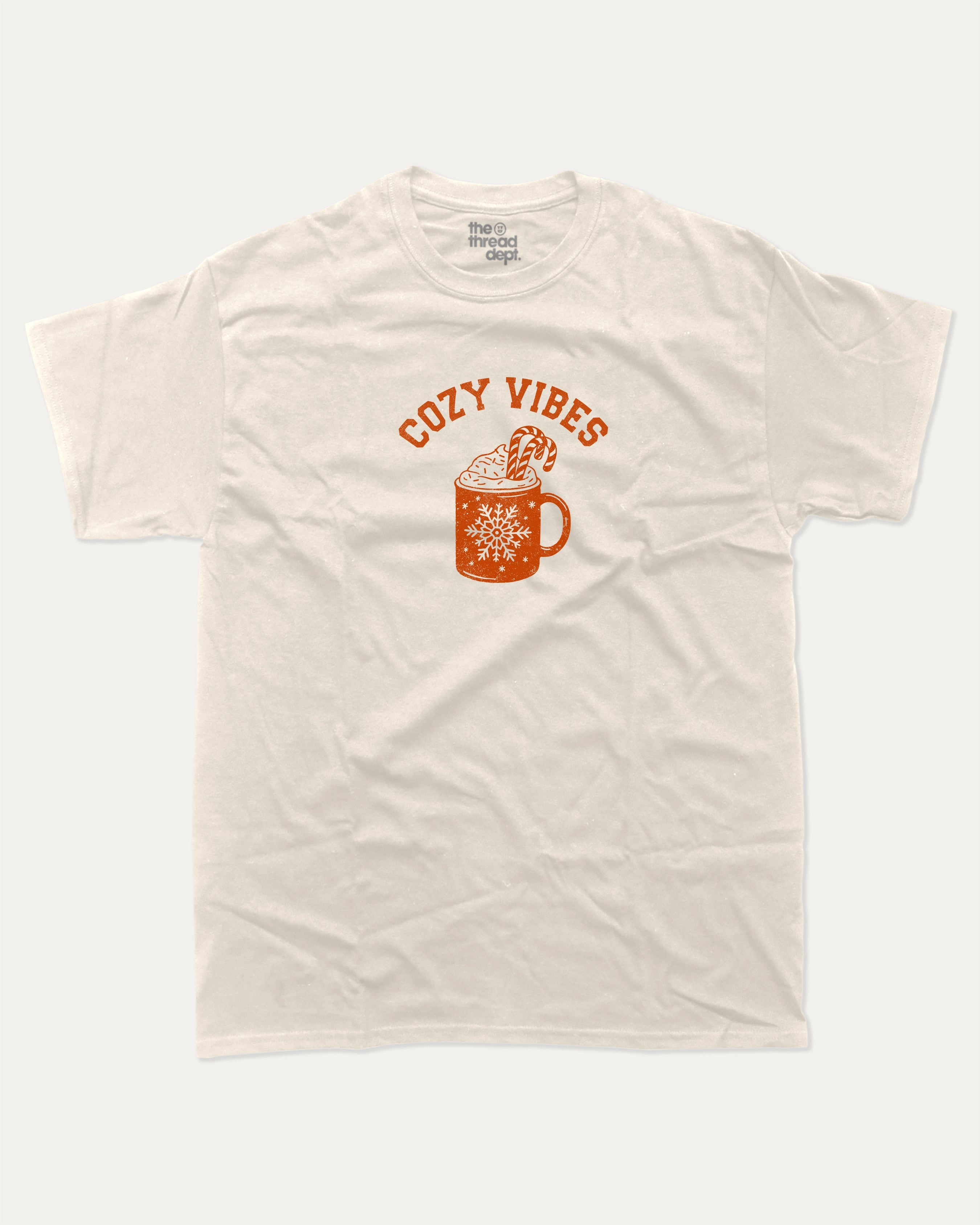 Cozy Vibes graphic tee with bold and humorous print, Perfect Gift for Christmas, Gift for X mas Day,  funny and trendy graphic. Perfect for adults and gift-giving. Cream shirt.