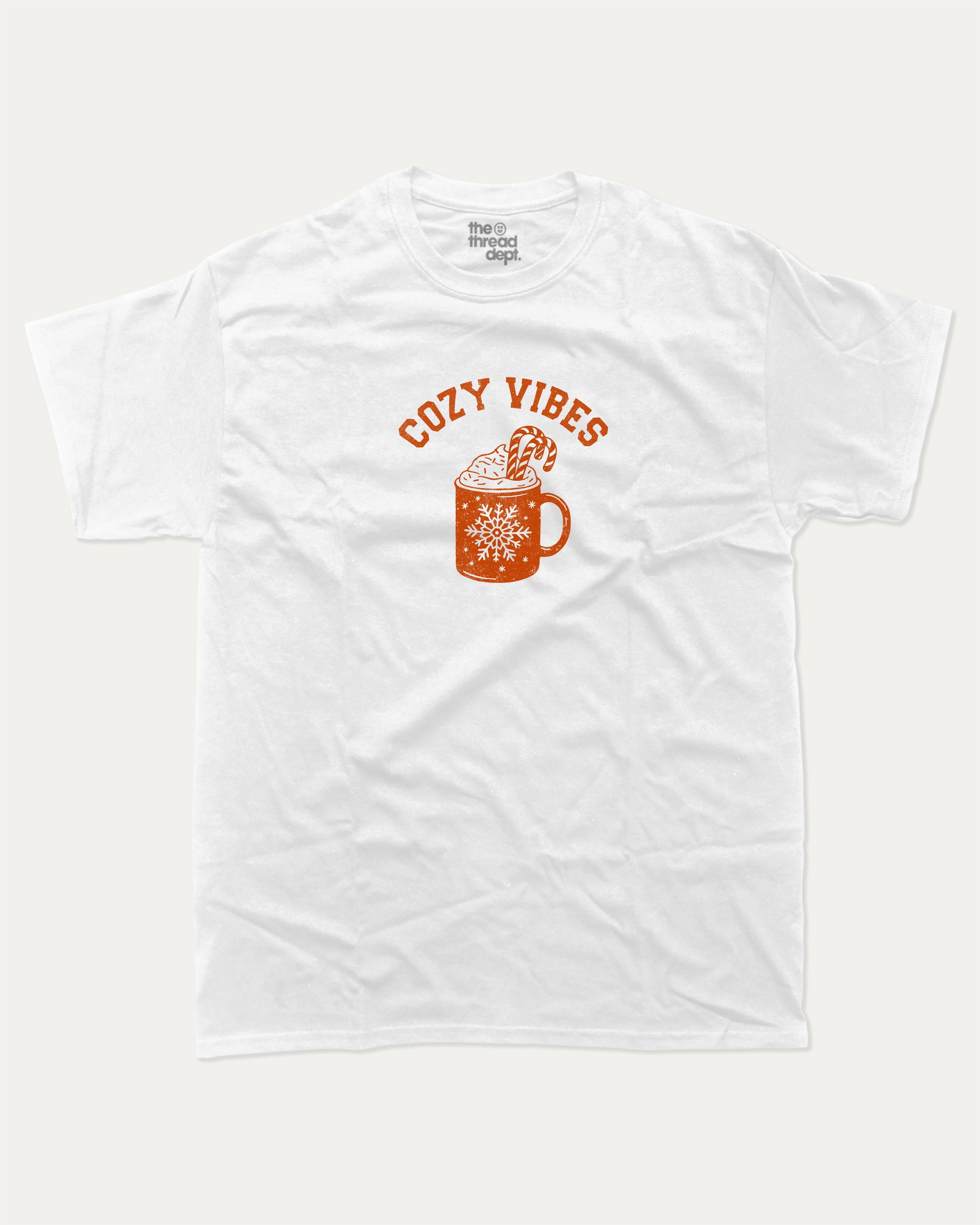 Cozy Vibes graphic tee with bold and humorous print, Perfect Gift for Christmas, Gift for X mas Day,  funny and trendy graphic. Perfect for adults and gift-giving. White shirt.