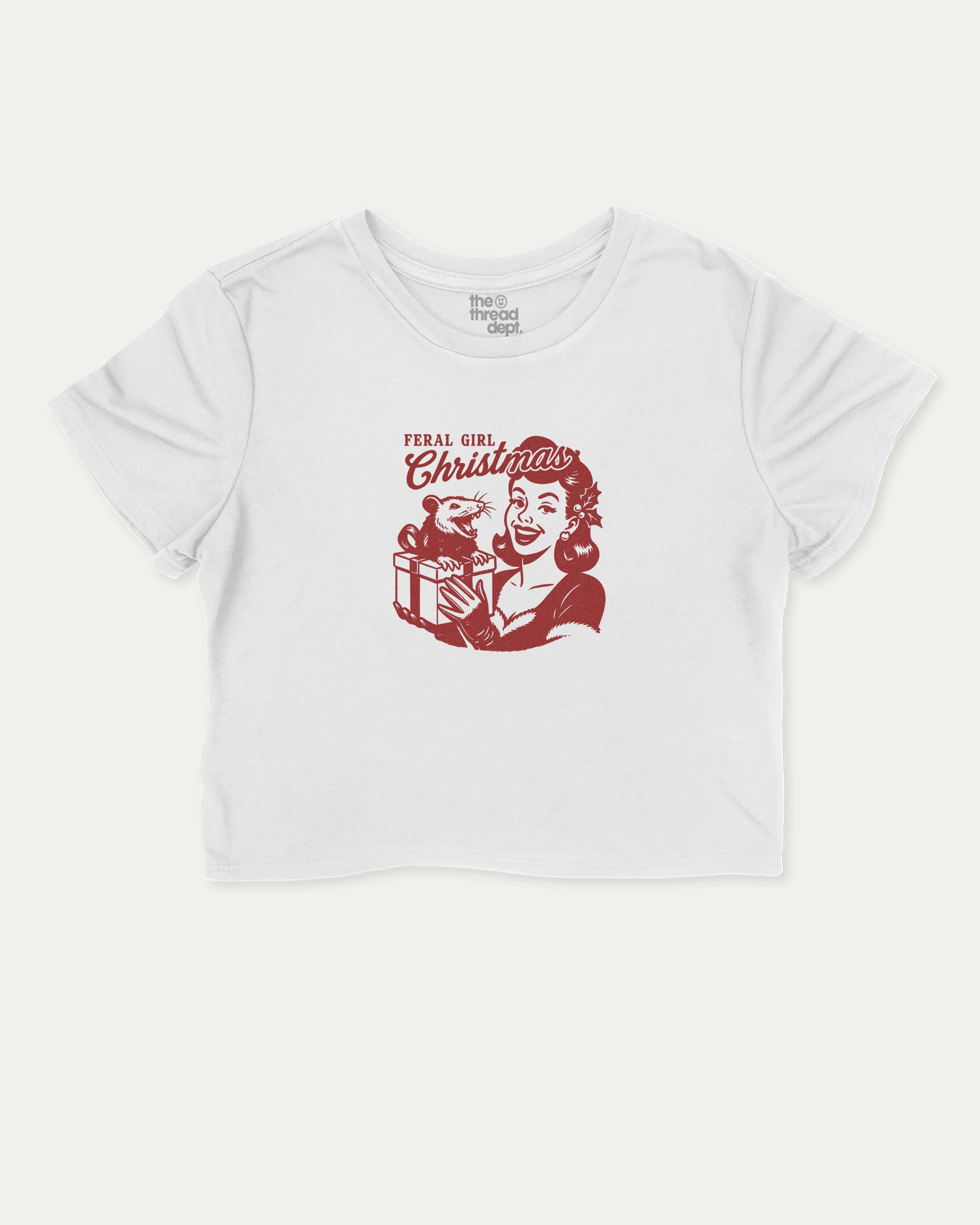 Feral Girl Christmas graphic crop tee with funny and trendy slogan print, Perfect Gift for Christmas, X Mas Graphic T shirt, X-mas Gift, perfect for women_ casual looks or layering. White crop t-shirt.