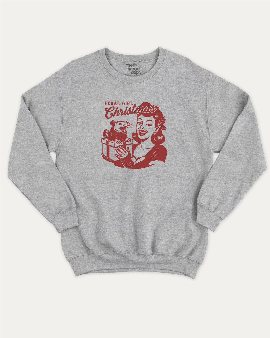 Feral Girl Christmas graphic sweatshirt with bold and humorous print, Perfect Gift for Christmas, X Mas Graphic T shirt, X-mas Gift, warm and cozy graphic for everyday wear. Perfect for adults and gift-giving. Heather Grey pullover.