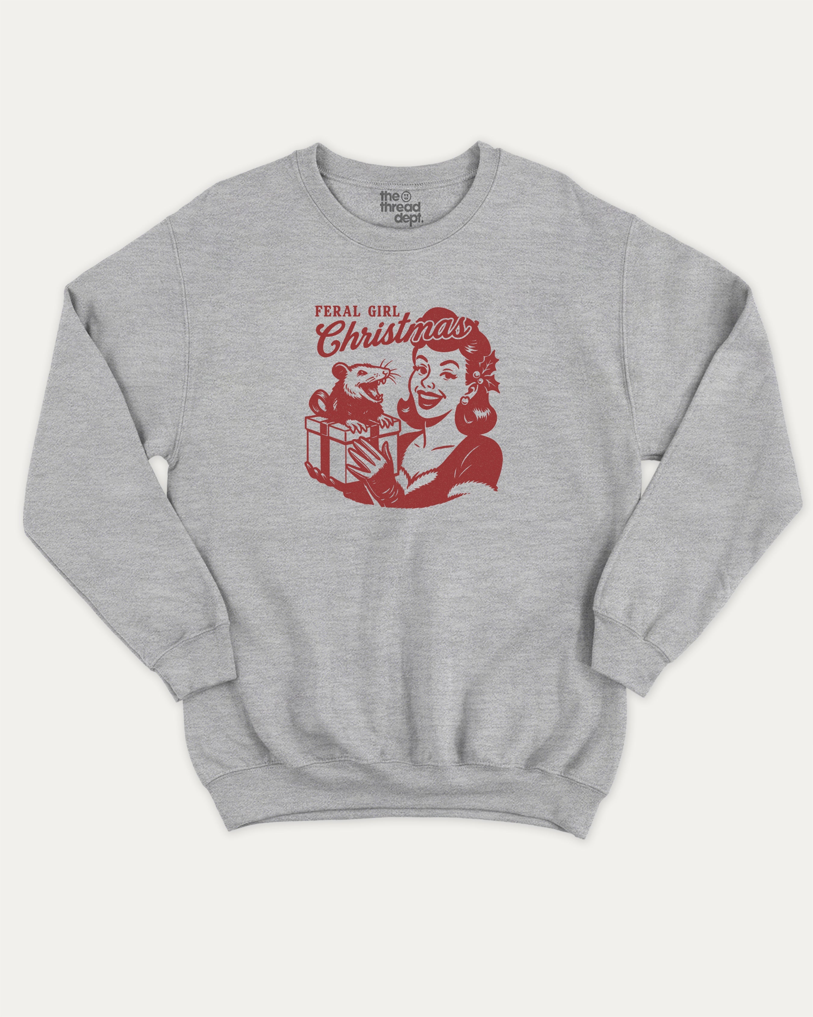 Feral Girl Christmas graphic sweatshirt with bold and humorous print, Perfect Gift for Christmas, X Mas Graphic T shirt, X-mas Gift, warm and cozy graphic for everyday wear. Perfect for adults and gift-giving. Heather Grey pullover.