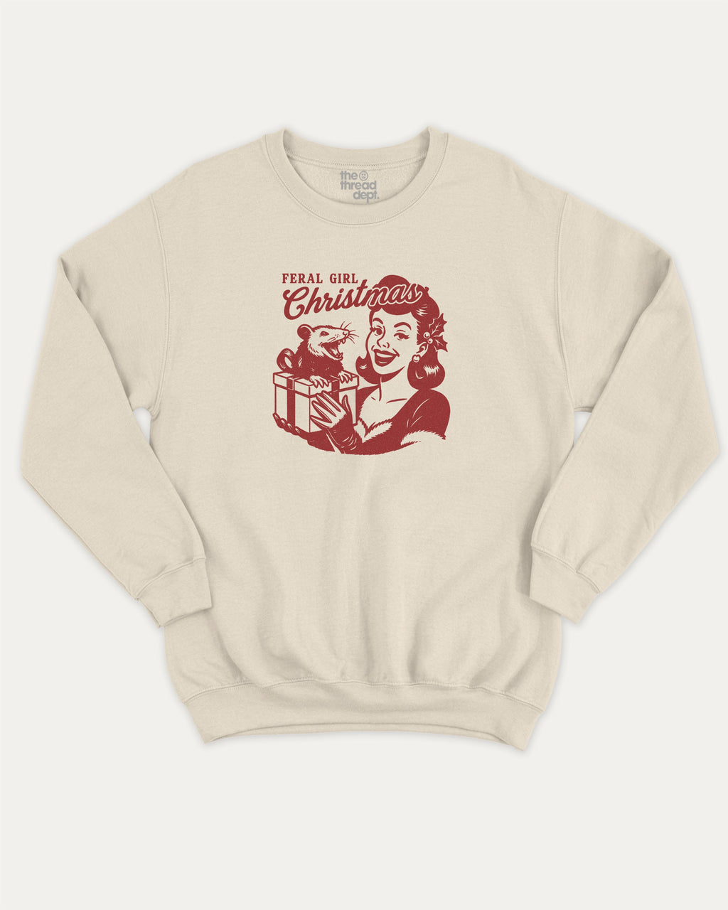 Feral Girl Christmas graphic sweatshirt with bold and humorous print, Perfect Gift for Christmas, X Mas Graphic T shirt, X-mas Gift, warm and cozy graphic for everyday wear. Perfect for adults and gift-giving. Natural pullover.