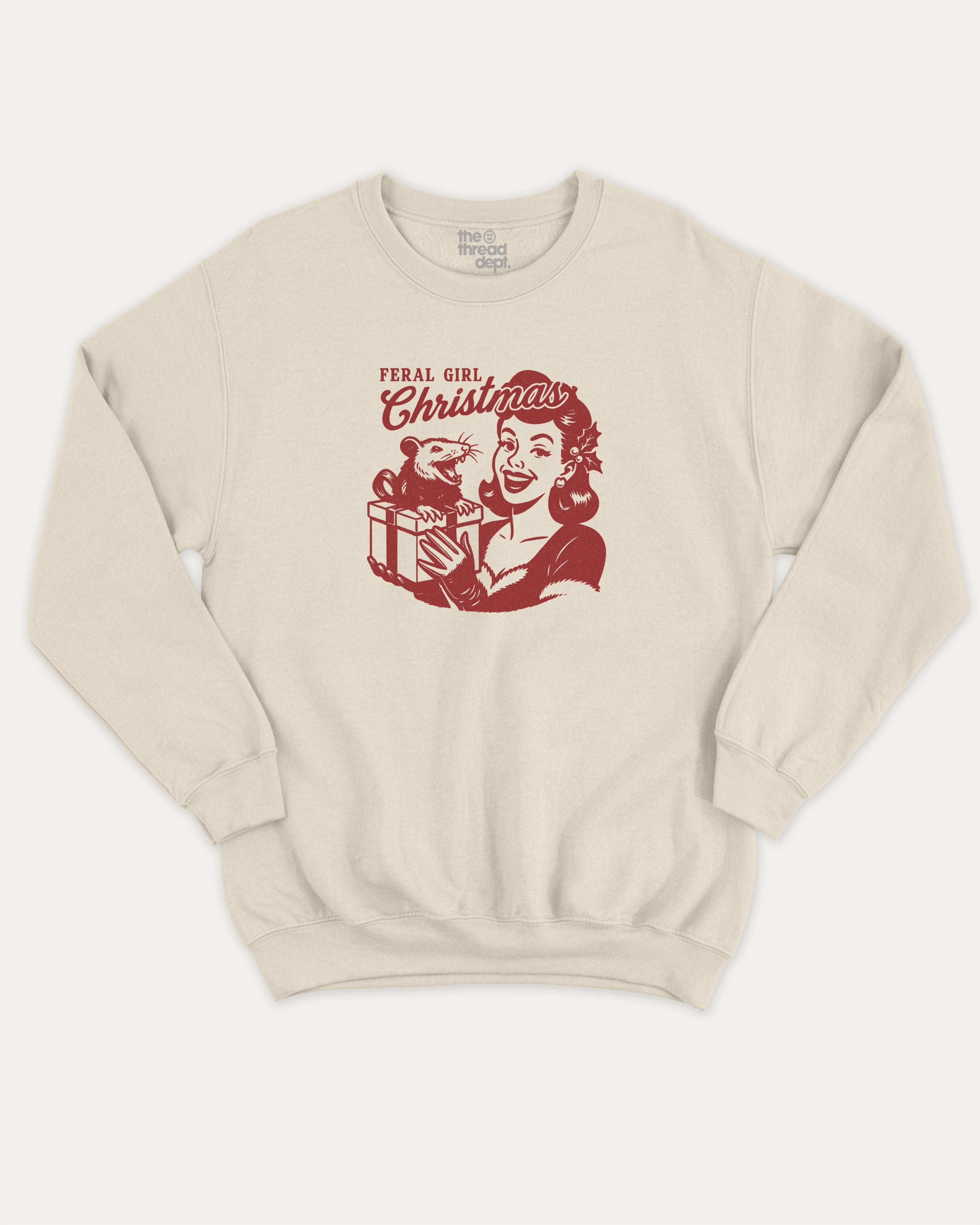 Feral Girl Christmas graphic sweatshirt with bold and humorous print, Perfect Gift for Christmas, X Mas Graphic T shirt, X-mas Gift, warm and cozy graphic for everyday wear. Perfect for adults and gift-giving. Natural pullover.