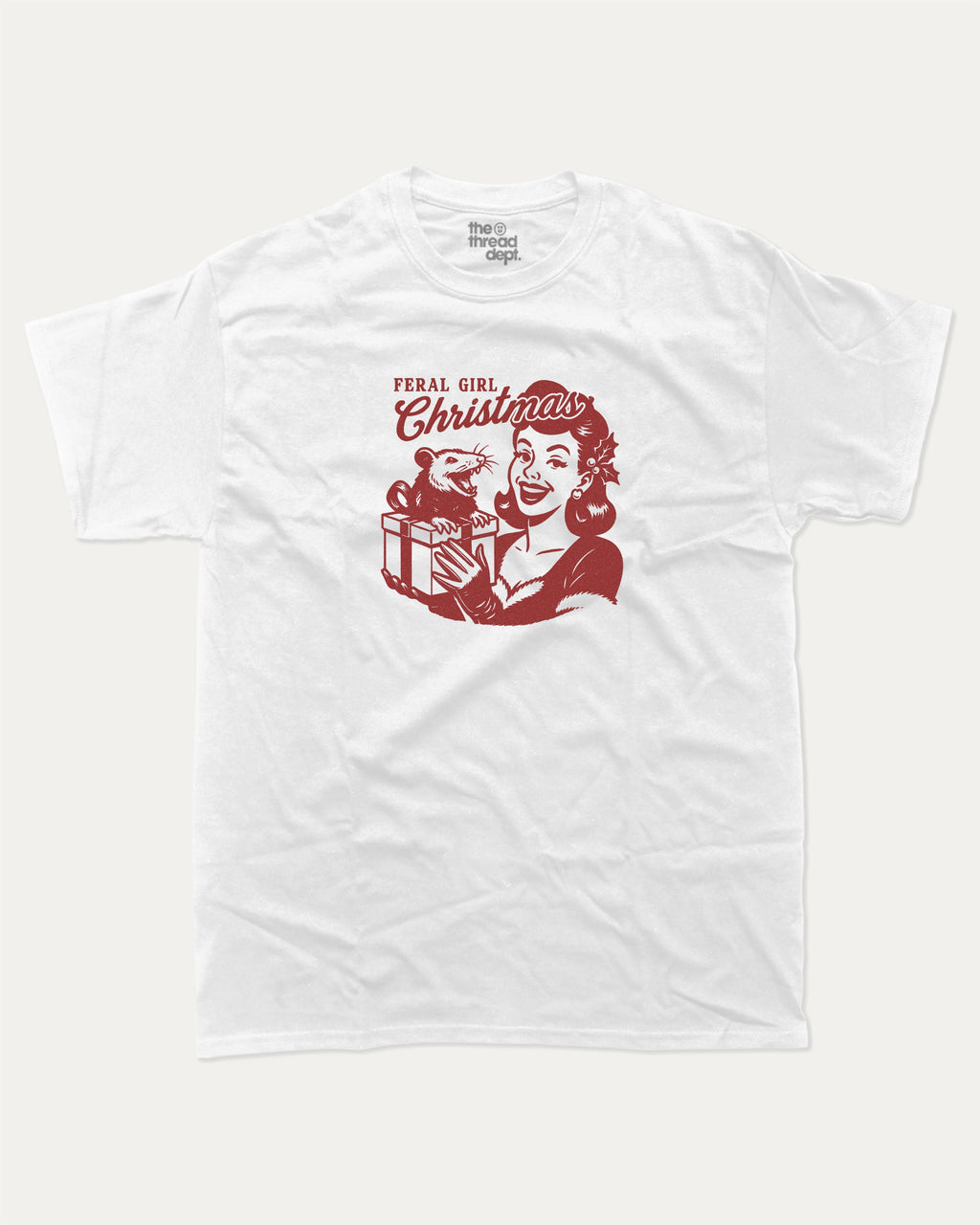 Feral Girl Christmas graphic tee with bold and humorous print, Perfect Gift for Christmas, X Mas Graphic T shirt, X-mas Gift, funny and trendy graphic. Perfect for adults and gift-giving. White shirt.