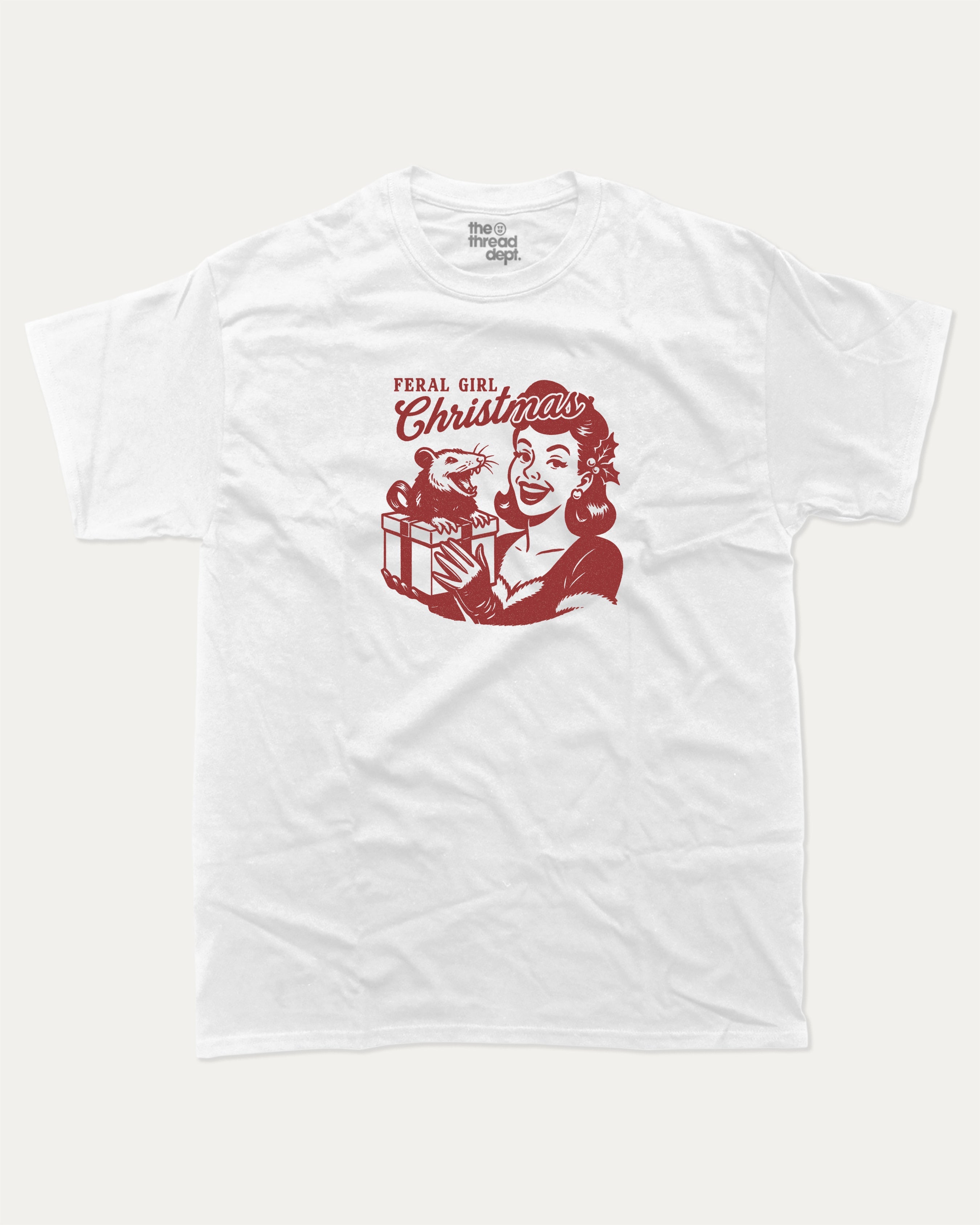 Feral Girl Christmas graphic tee with bold and humorous print, Perfect Gift for Christmas, X Mas Graphic T shirt, X-mas Gift, funny and trendy graphic. Perfect for adults and gift-giving. White shirt.