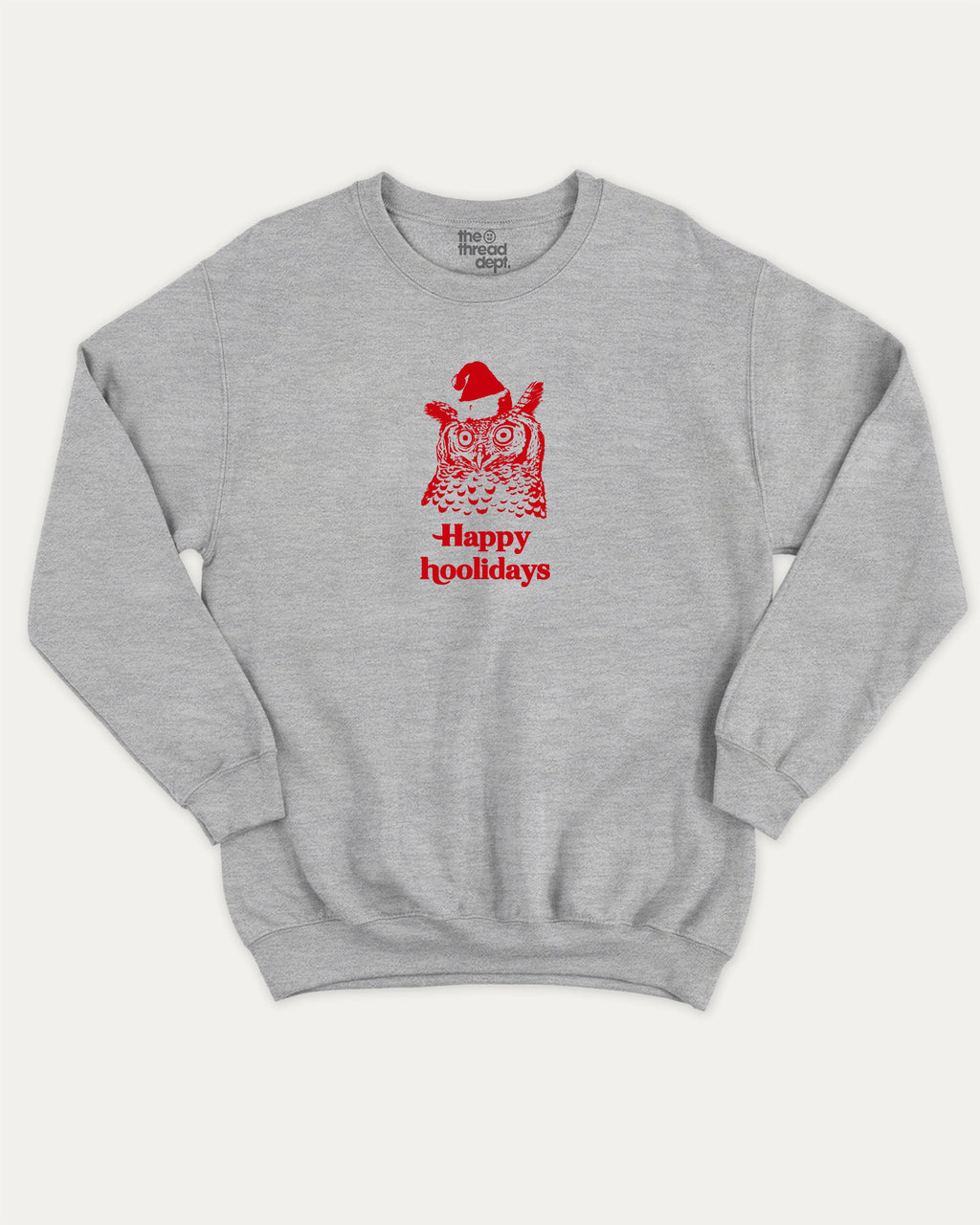 Happy Hoolidays graphic sweatshirt with bold and humorous print, warm and cozy graphic for everyday wear. Perfect Christmas Gift T shirt, Holidays Graphic T shirt, Perfect for adults and gift-giving. Heather Grey pullover.