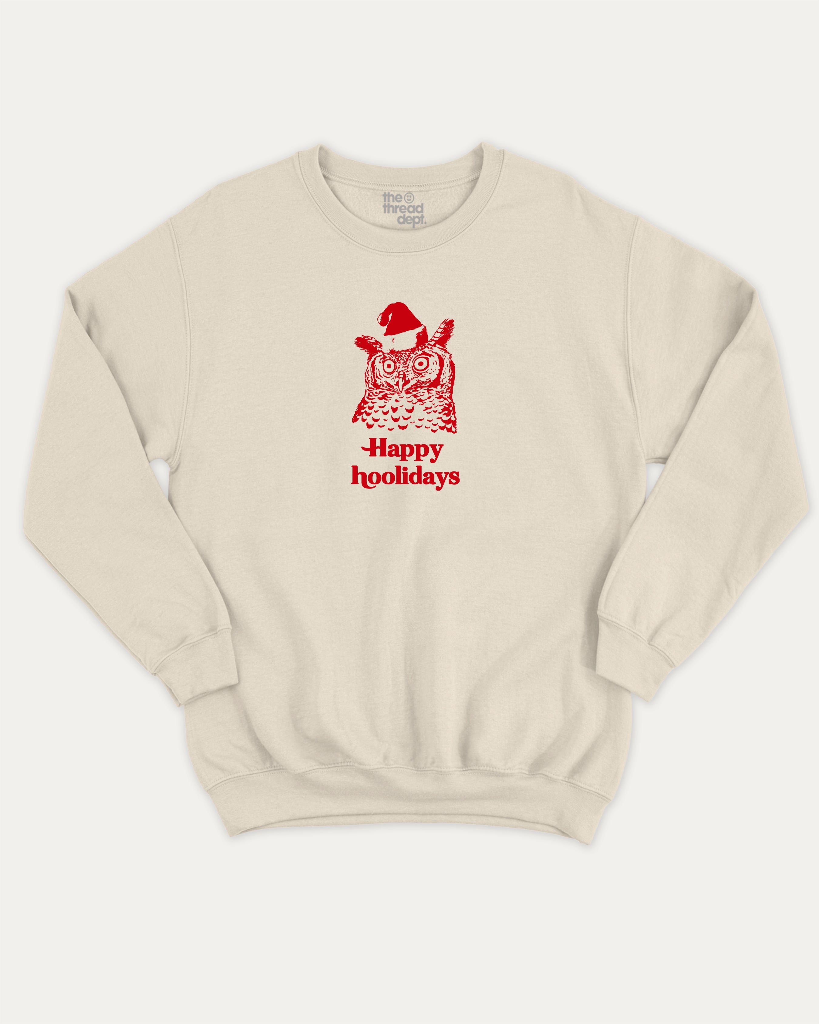 Happy Hoolidays graphic sweatshirt with bold and humorous print, warm and cozy graphic for everyday wear. Perfect Christmas Gift T shirt, Holidays Graphic T shirt, Perfect for adults and gift-giving. Natural pullover.
