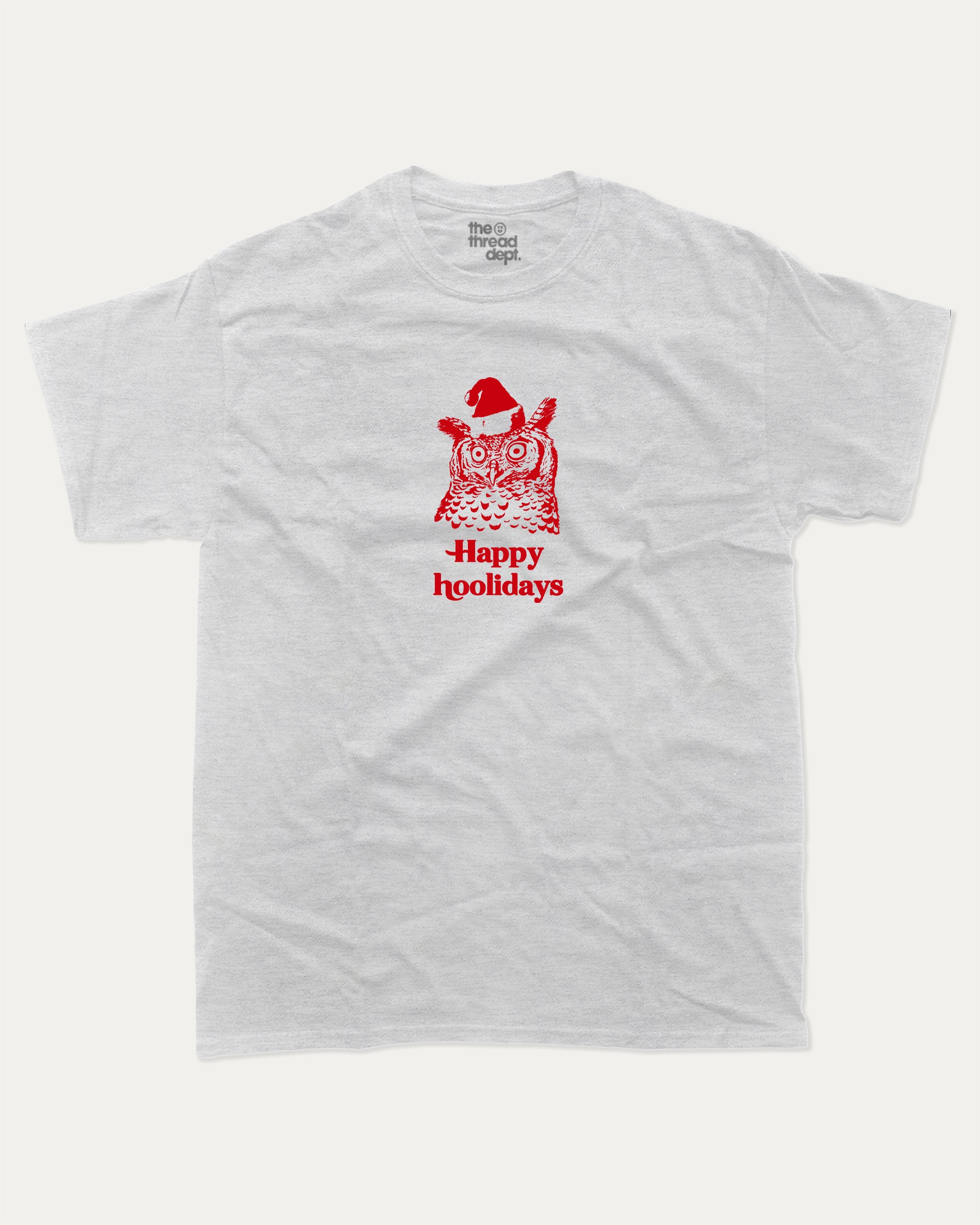 Happy Hoolidays graphic tee with bold and humorous print, funny and trendy graphic. Perfect Christmas Gift T shirt, Holidays Graphic T shirt, Perfect for adults and gift-giving. Ash Grey shirt.