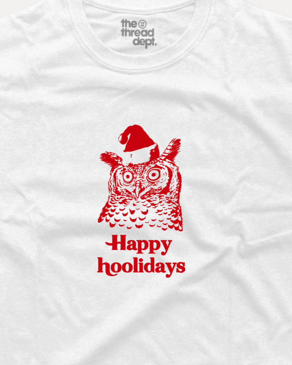 White t-shirt with a red owl wearing a Santa hat and 'Happy hoolidays' text on a white background.