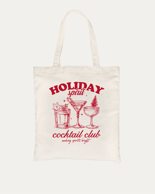 Holiday Spirit Cocktail Club graphic tote bag with bold and funny print, reusable tote for school, errands, or gifting. X-mas Gift, Christmas Gift,  Natural tote bag.