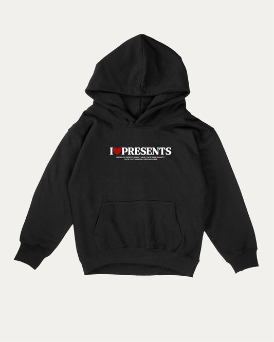 I Love Presents kids graphic hoodie with cozy fit and fun design, perfect for school, play, and gifting. Perfect Gift for Christmas, x-mas gift,  Black kids sweater.