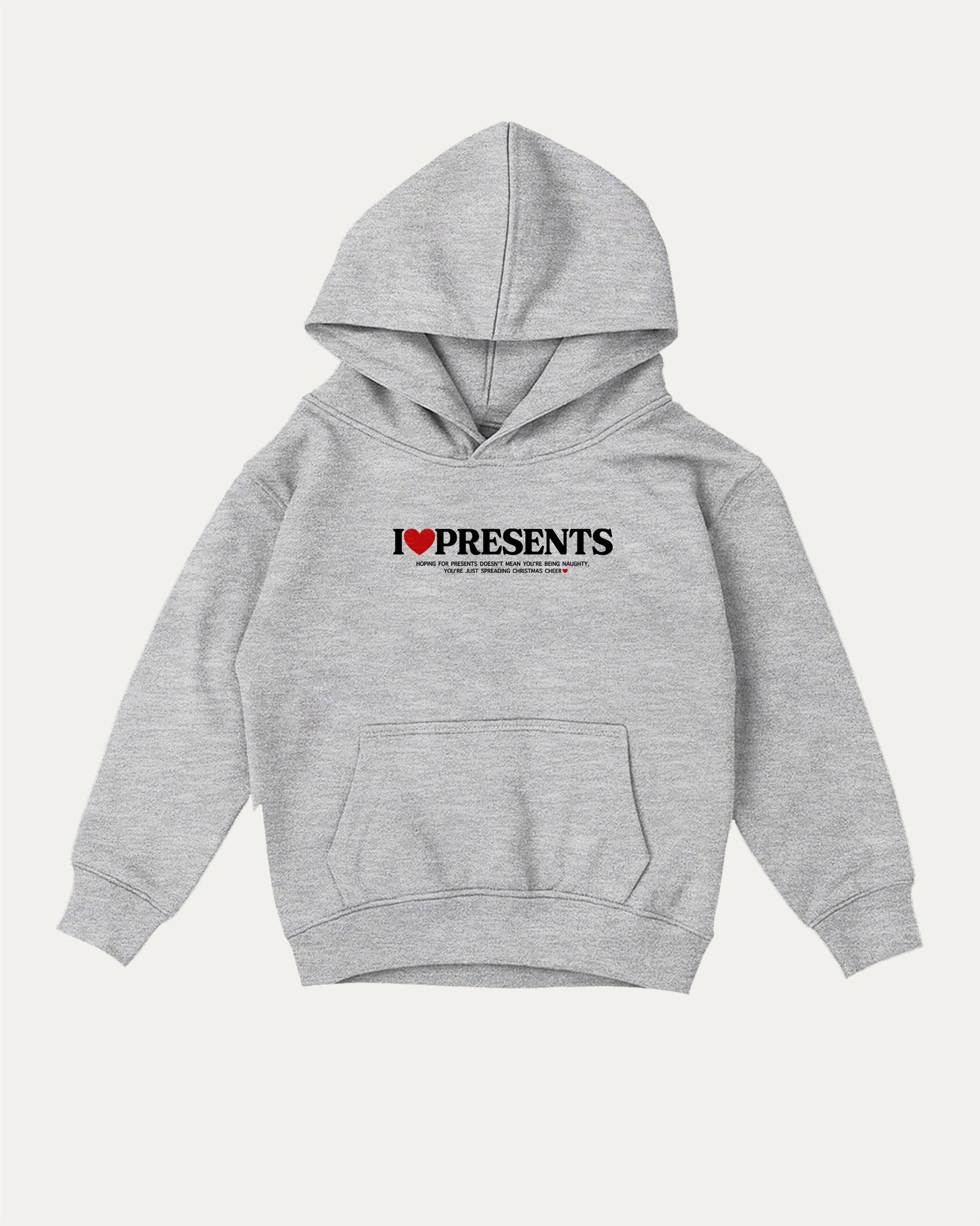 I Love Presents kids graphic hoodie with cozy fit and fun design, perfect for school, play, and gifting. Perfect Gift for Christmas, x-mas gift,  Heather Grey kids sweater.