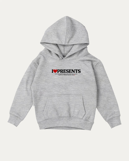 I Love Presents kids graphic hoodie with cozy fit and fun design, perfect for school, play, and gifting. Perfect Gift for Christmas, x-mas gift,  Heather Grey kids sweater.