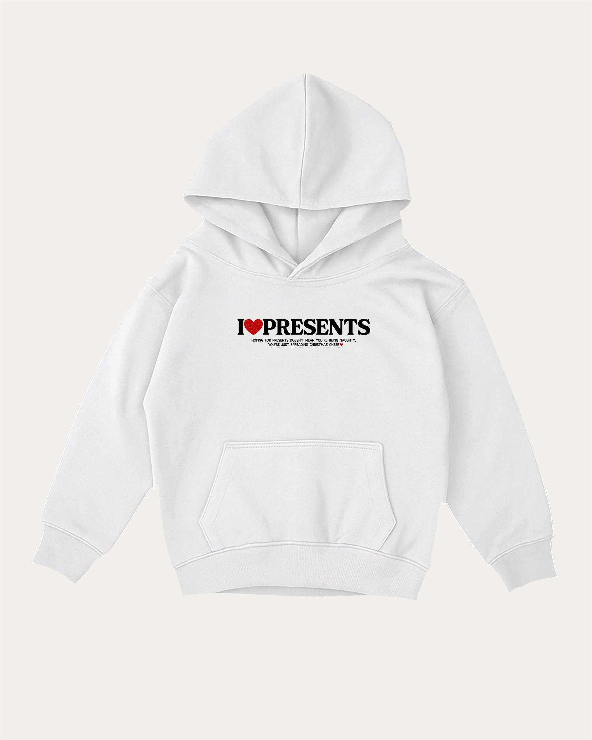 I Love Presents kids graphic hoodie with cozy fit and fun design, perfect for school, play, and gifting. Perfect Gift for Christmas, x-mas gift,  White kids sweater.