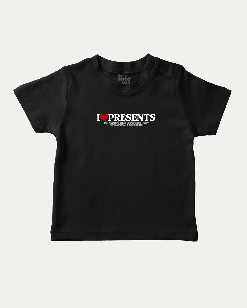 I Love Presents graphic tee with bold and humorous print, funny and trendy graphic. Perfect Gift for Christmas, x-mas gift,  Perfect for adults and gift-giving. Black shirt.