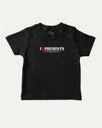 I Love Presents graphic tee with bold and humorous print, funny and trendy graphic. Perfect Gift for Christmas, x-mas gift,  Perfect for adults and gift-giving. Black shirt.