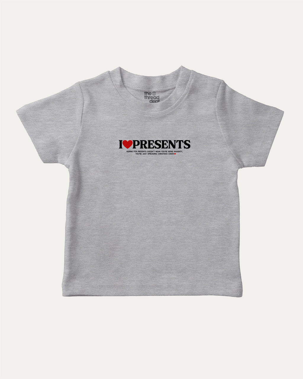 I Love Presents graphic tee with bold and humorous print, funny and trendy graphic. Perfect Gift for Christmas, x-mas gift,  Perfect for adults and gift-giving. Heather Grey shirt.