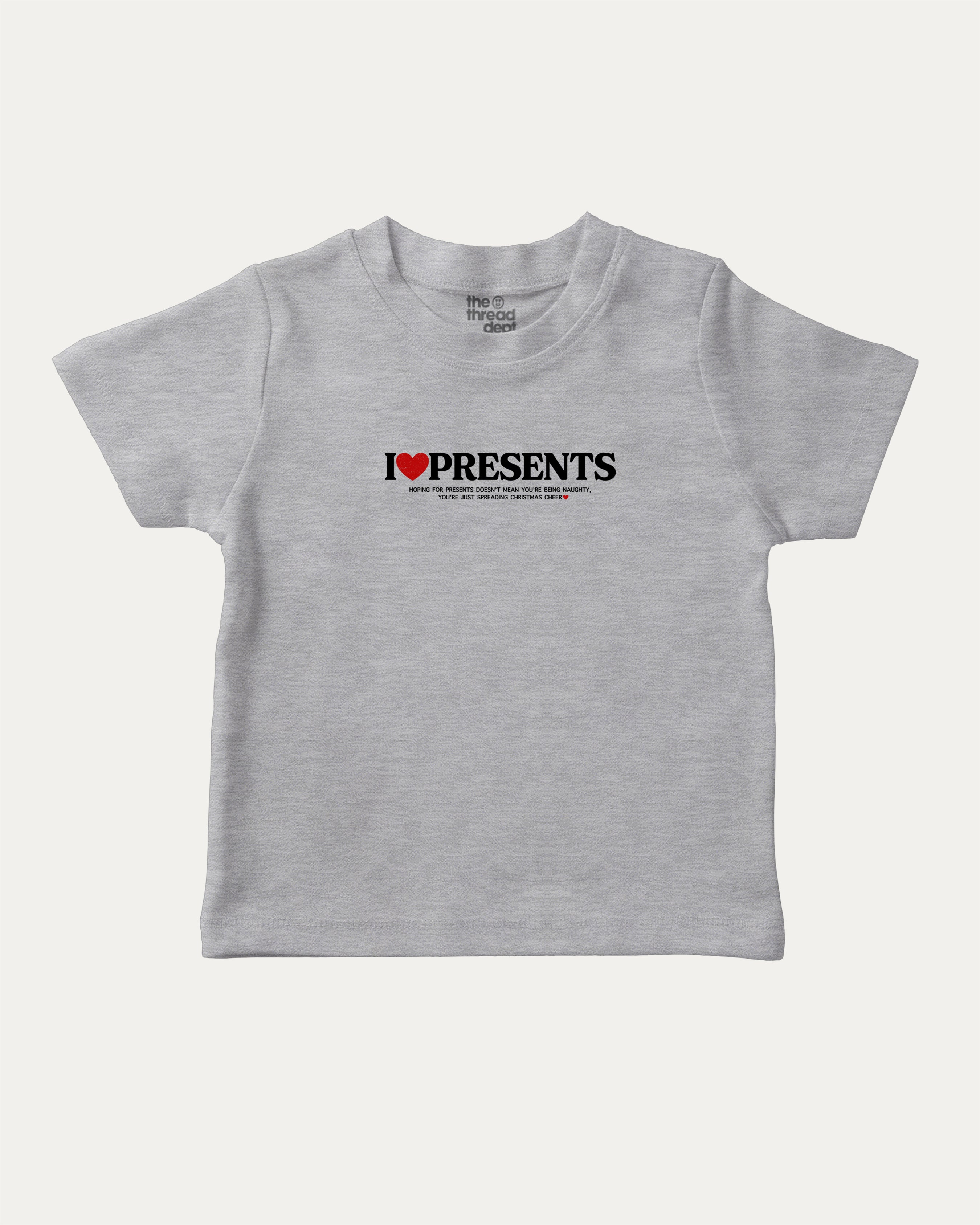 I Love Presents graphic tee with bold and humorous print, funny and trendy graphic. Perfect Gift for Christmas, x-mas gift,  Perfect for adults and gift-giving. Heather Grey shirt.