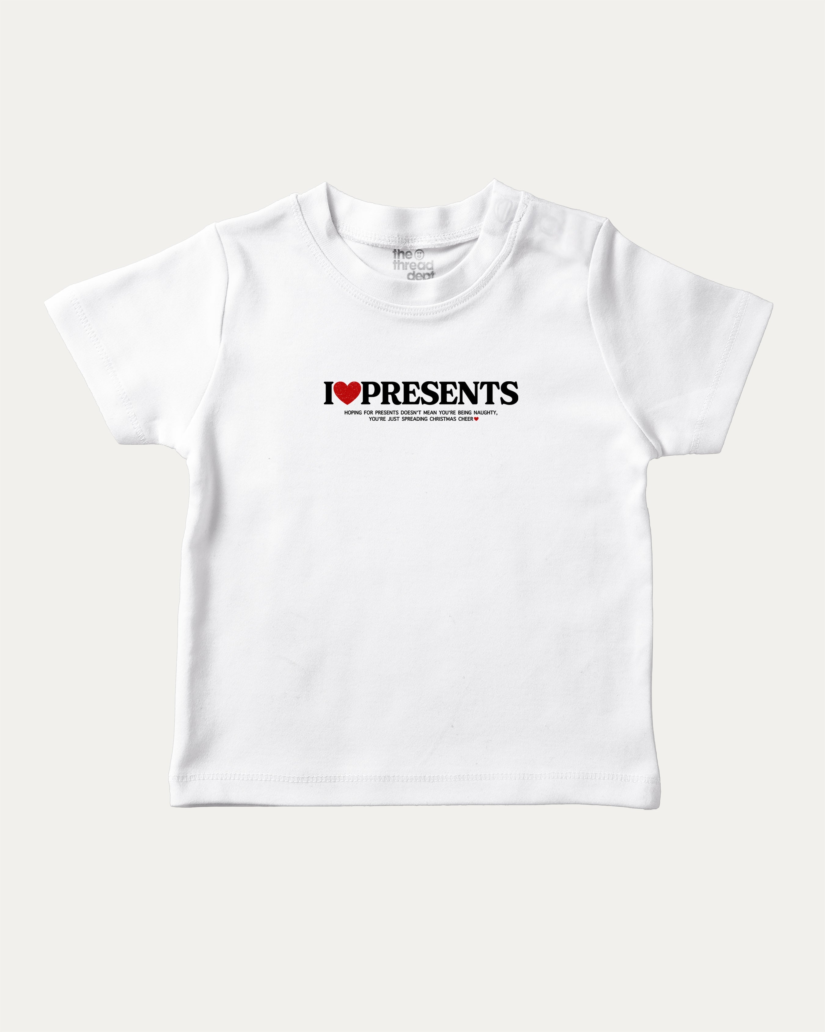 I Love Presents graphic tee with bold and humorous print, funny and trendy graphic. Perfect Gift for Christmas, x-mas gift,  Perfect for adults and gift-giving. White shirt.