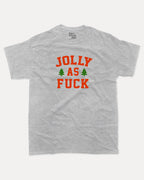 Jolly as Fuck graphic tee with bold and humorous print, Perfect Gift for Christmas Holiday, Holiday Gift Graphic T shirt, X-mas Graphic T shirt, funny and trendy graphic. Perfect for adults and gift-giving. Heather Grey shirt.