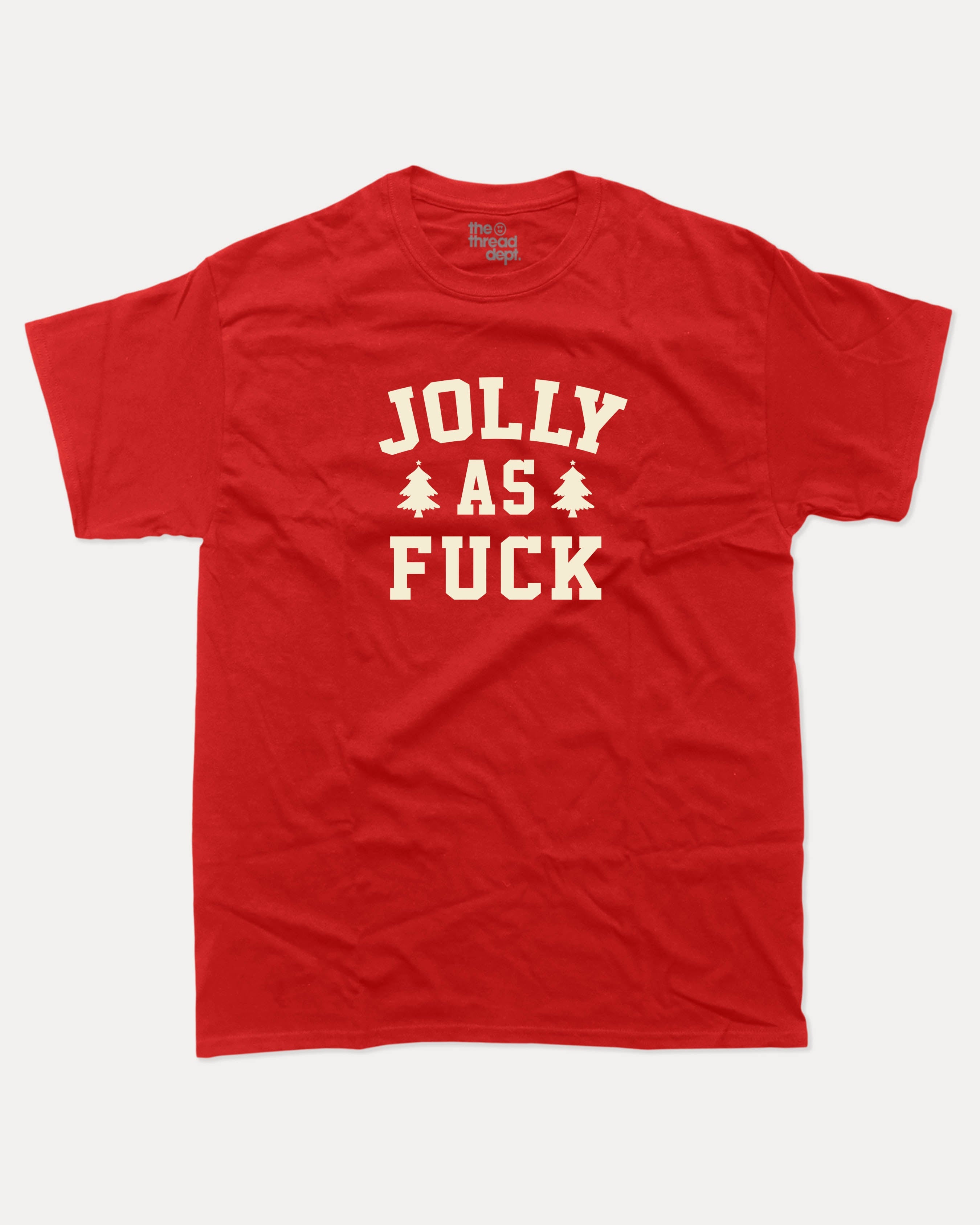 Jolly as Fuck graphic tee with bold and humorous print, Perfect Gift for Christmas Holiday, Holiday Gift Graphic T shirt, X-mas Graphic T shirt, funny and trendy graphic. Perfect for adults and gift-giving. Red shirt.