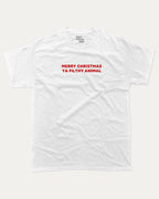 Merry Christmas Ya Filthy Animal graphic tee with bold and humorous print, Perfect Gift for Christmas, X Mas Graphic T shirt, X-mas Gift, funny and trendy graphic. Perfect for adults and gift-giving. White shirt.