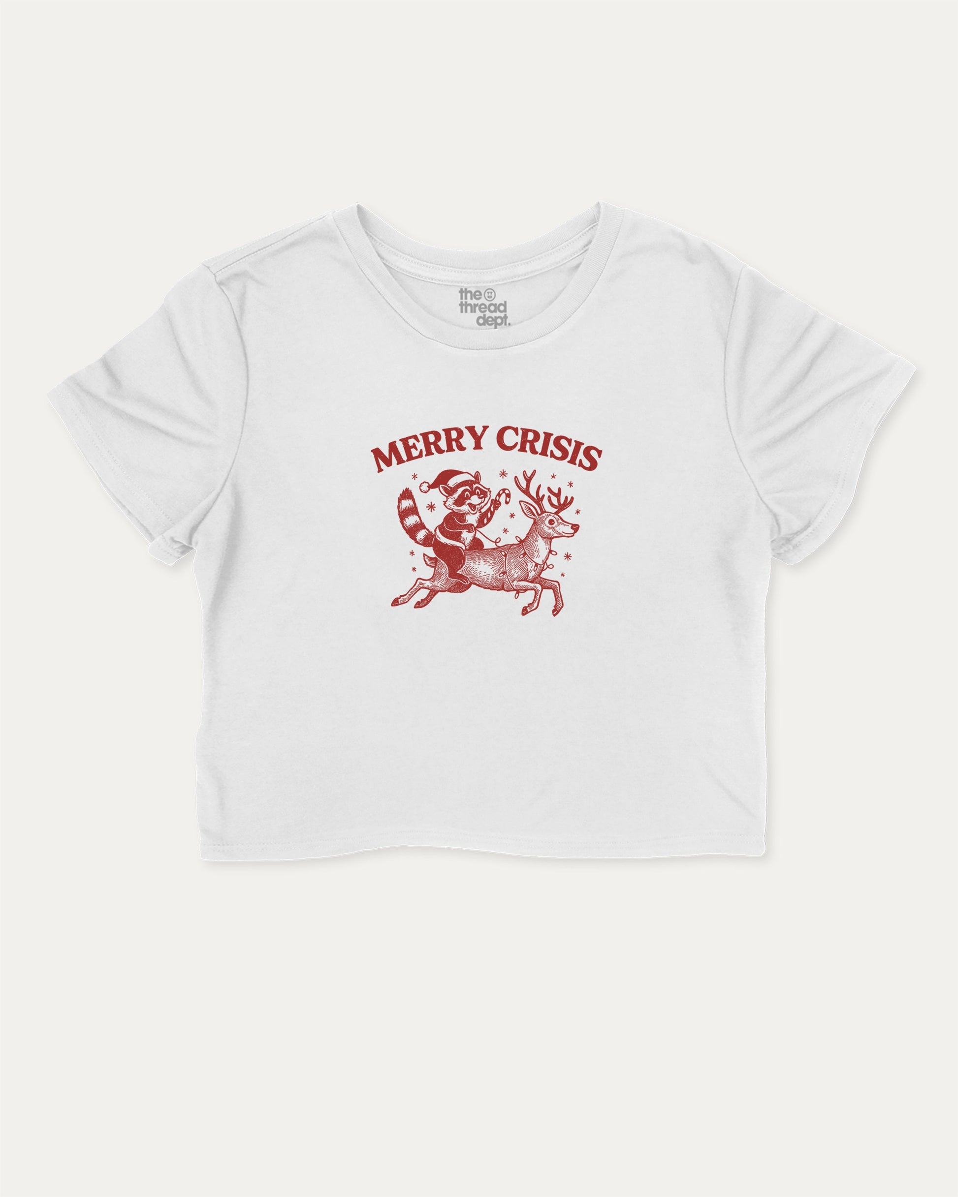 Merry Crisis graphic crop tee with funny and trendy slogan print, Perfect Gift for Christmas, X Mas Graphic T shirt, X-mas Gift, perfect for women’s casual looks or layering. White crop t-shirt.
