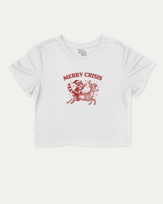 Merry Crisis graphic crop tee with funny and trendy slogan print, Perfect Gift for Christmas, X Mas Graphic T shirt, X-mas Gift, perfect for women’s casual looks or layering. White crop t-shirt.