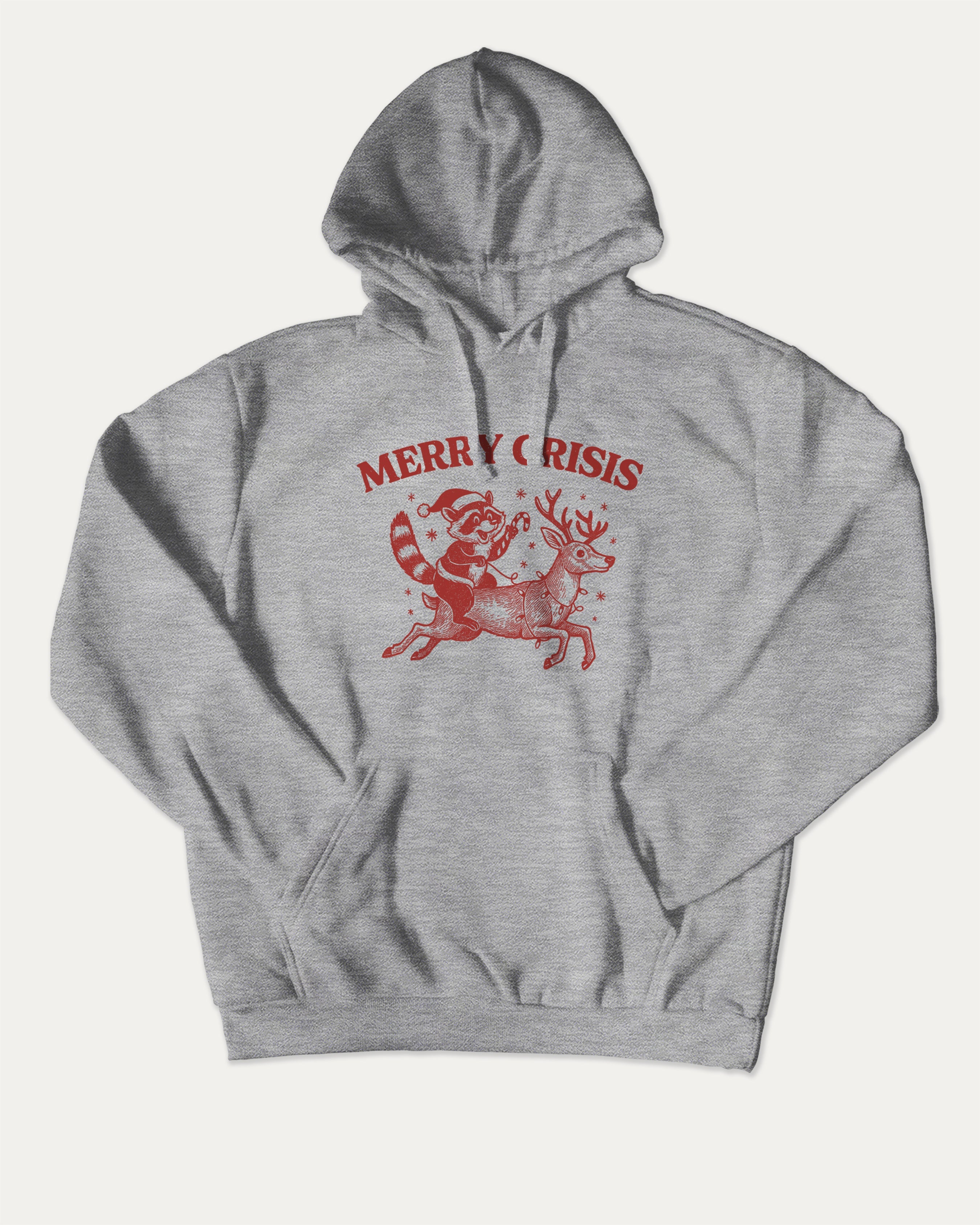 Merry Crisis graphic hoodie with funny and trendy artwork, casual streetwear with bold personality. Great for adults and gifting. Heather Grey hoodie.