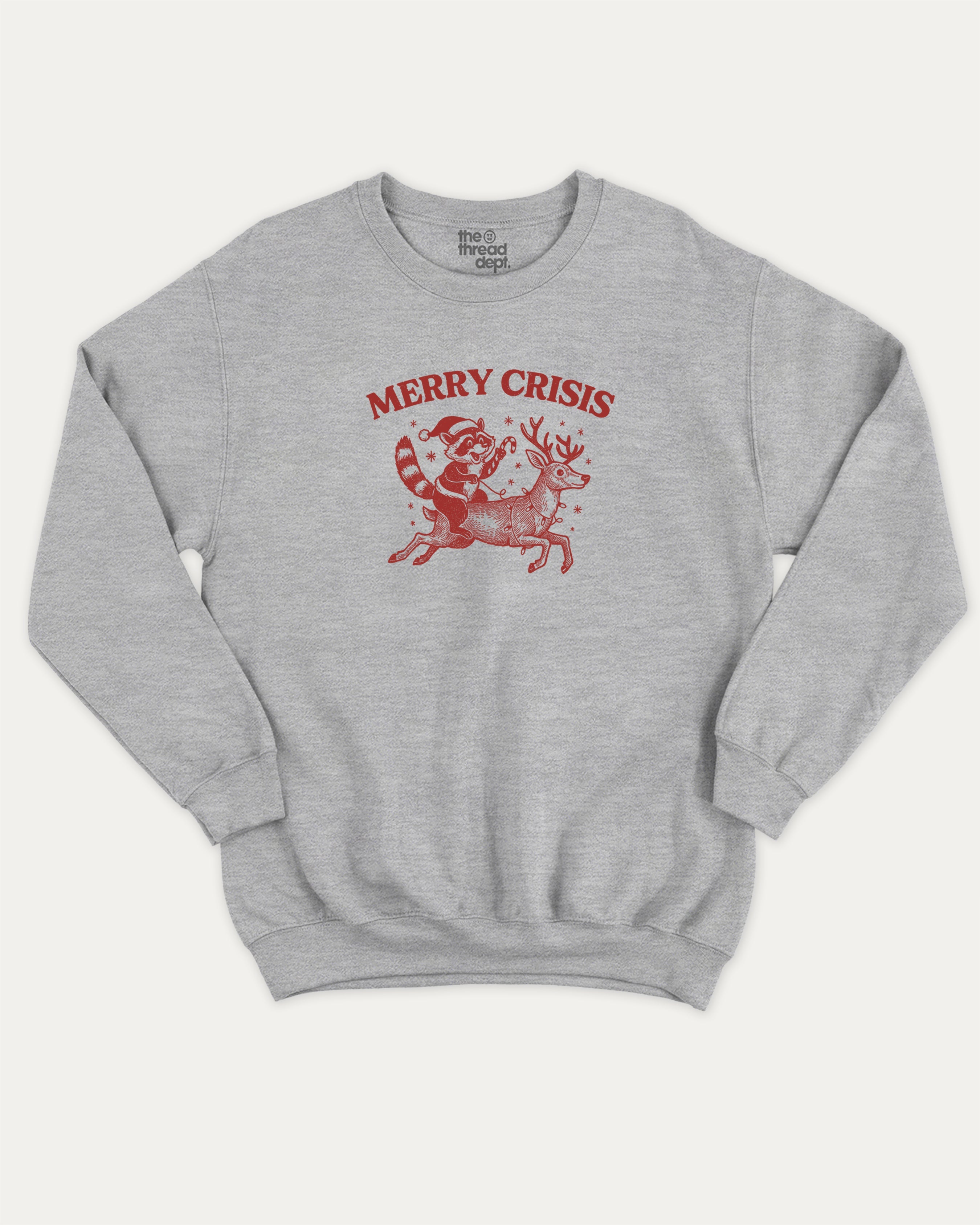 Merry Crisis graphic sweatshirt with bold and humorous print, Perfect Gift for Christmas, X Mas Graphic T shirt, X-mas Gift, warm and cozy graphic for everyday wear. Perfect for adults and gift-giving. Heather Grey pullover.