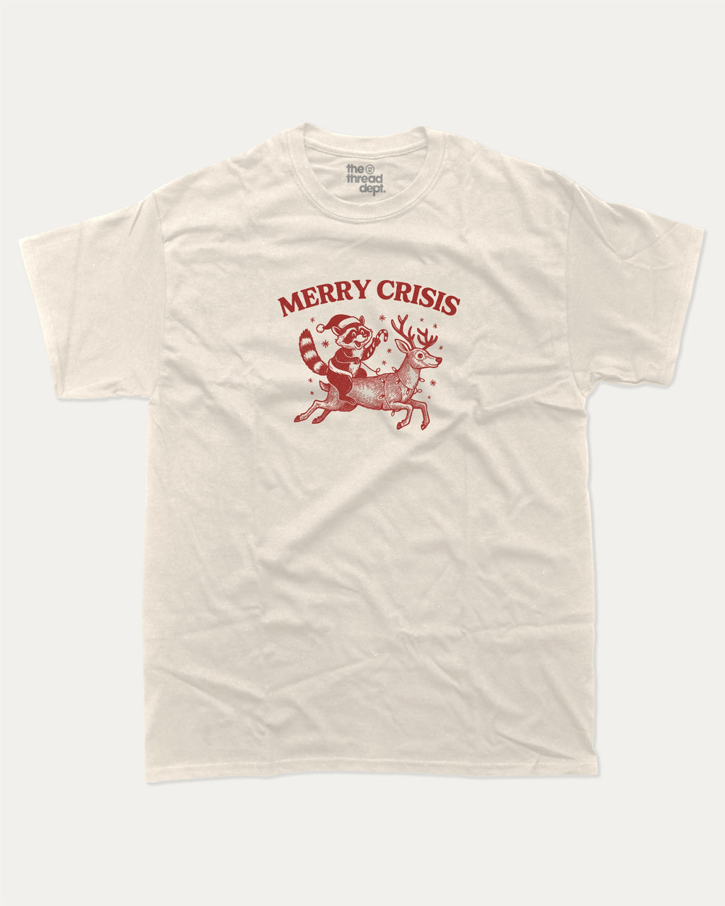 Merry Crisis graphic tee with bold and humorous print, Perfect Gift for Christmas, X Mas Graphic T shirt, X-mas Gift, funny and trendy graphic. Perfect for adults and gift-giving. Cream shirt.