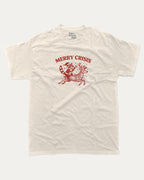 Merry Crisis graphic tee with bold and humorous print, Perfect Gift for Christmas, X Mas Graphic T shirt, X-mas Gift, funny and trendy graphic. Perfect for adults and gift-giving. Cream shirt.